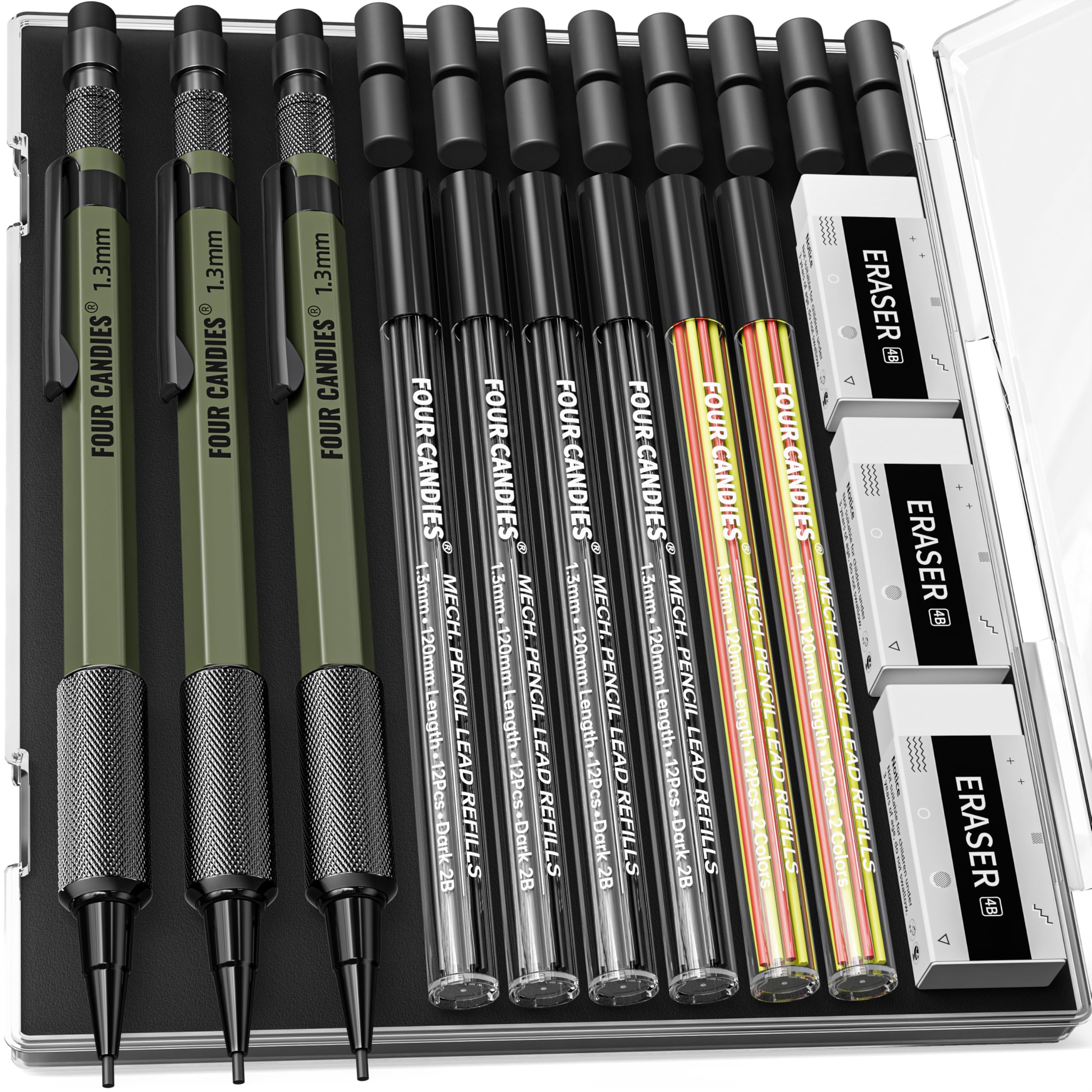 Photo 1 of Four Candies 1.3mm Mechanical Pencil Set with 72 Lead Refill, 3PCS Metal Weatherproof Body Heavy Duty Carpenter Pencil, 3 Eraser, 16 Eraser Refill, for Outdoor Woodworking Drafting Marking with Case
