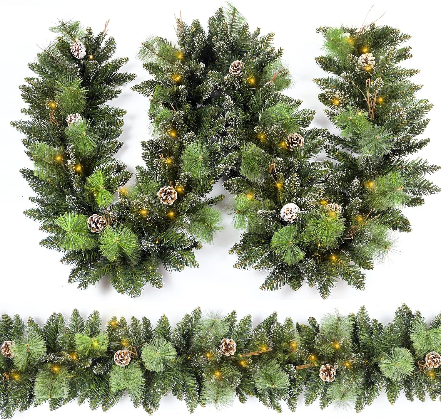 Wreaths, Garlands & Swags - HomeKaren Christmas Garland Prelit 9 Ft with 50 Led Lights, Pine Cone and Snow Style Xmas Garland, Battery Operated Christmas Decor for Mantle Stair Indoor Outdoor