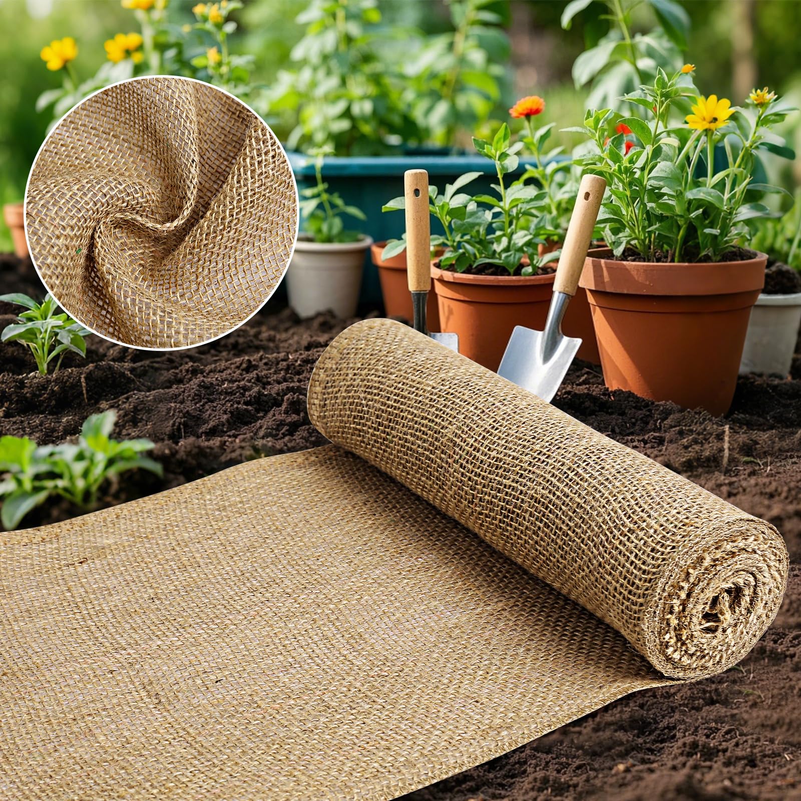 Photo 1 of UBCGOTT Burlap Fabric - Garden Burlap Fabric Roll Natural Jute Outdoor Fabric Burlap Weed Barrier Trees Trunk Wrap for Crafts Farmhouse Gardening Table Decor for Crafts (19.7" x 5 Feet)