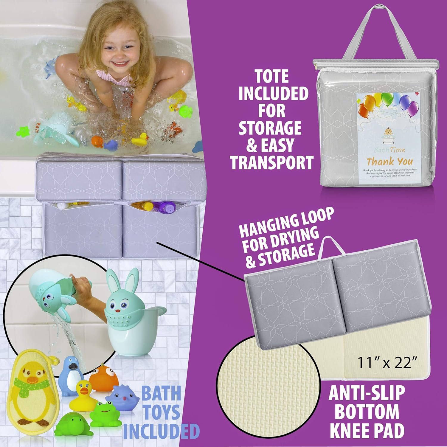 BathTime Bath Kneeler and Elbow Rest Pad - 1.75-Inch Knee & Arm Support Pads with 8 Suction Cups - Set Includes Storage Tote Bag, Bathing Sponge, Rinse Cup, Baby Toys - Portable Cushioned Accessories : Baby