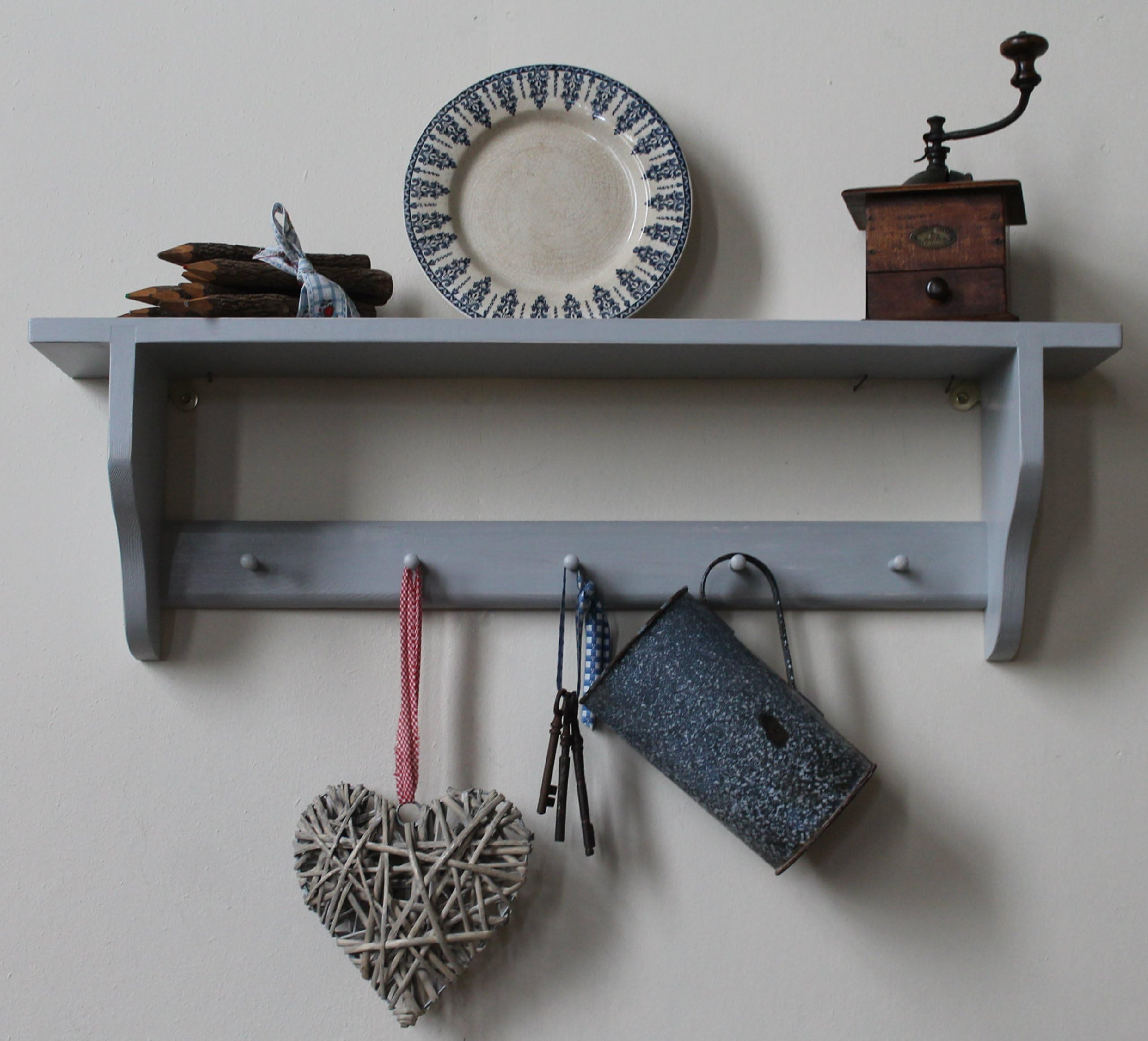 Grey Rustic Wooden Wall Shelf Organiser for Home Living Room Vintage Style Wall-Mounted Peg Rail with Shelves for Kitchen Decor Shaker Pegs Rail For Cups