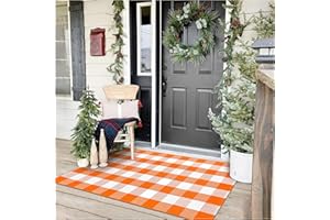 KOZYFLY Buffalo Plaid Rug 3x5 Ft Orange and White Checke Orange Rug Halloween Fall Door Mat Woven Cotton Washable Area Rugs Door Mat Outdoor Entrance for Front Porch Entryway Fall Farmhouse