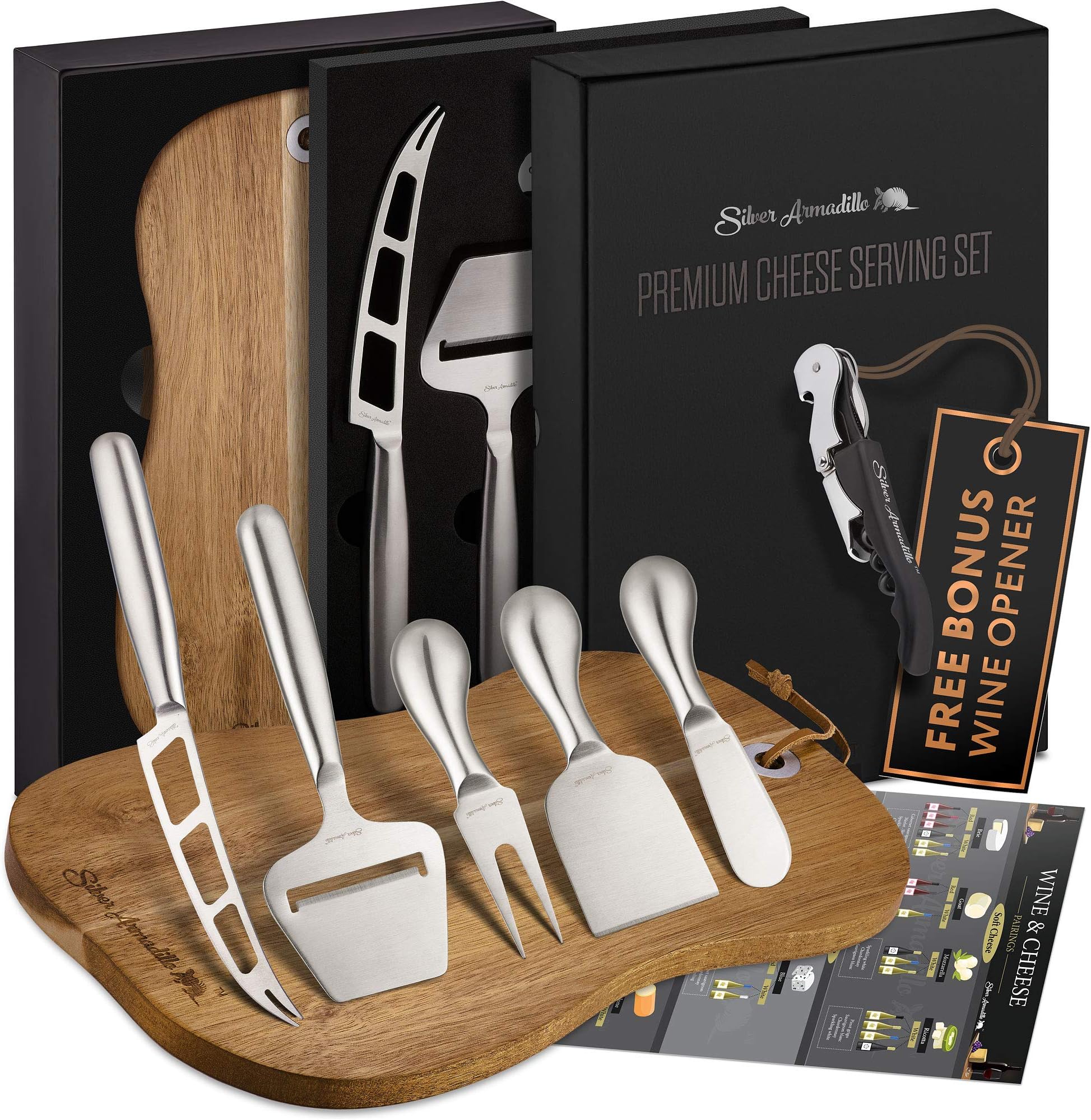 Cheese Board Serving Set, Wooden Charcuterie Platter and Serving Meat Board - 100% Acacia Hardwood Platter with Stainless Steel Cutlery - 3 Cheese Knives, Cheese Fork, Cheese Slicer. Bonus Corkscrew.
