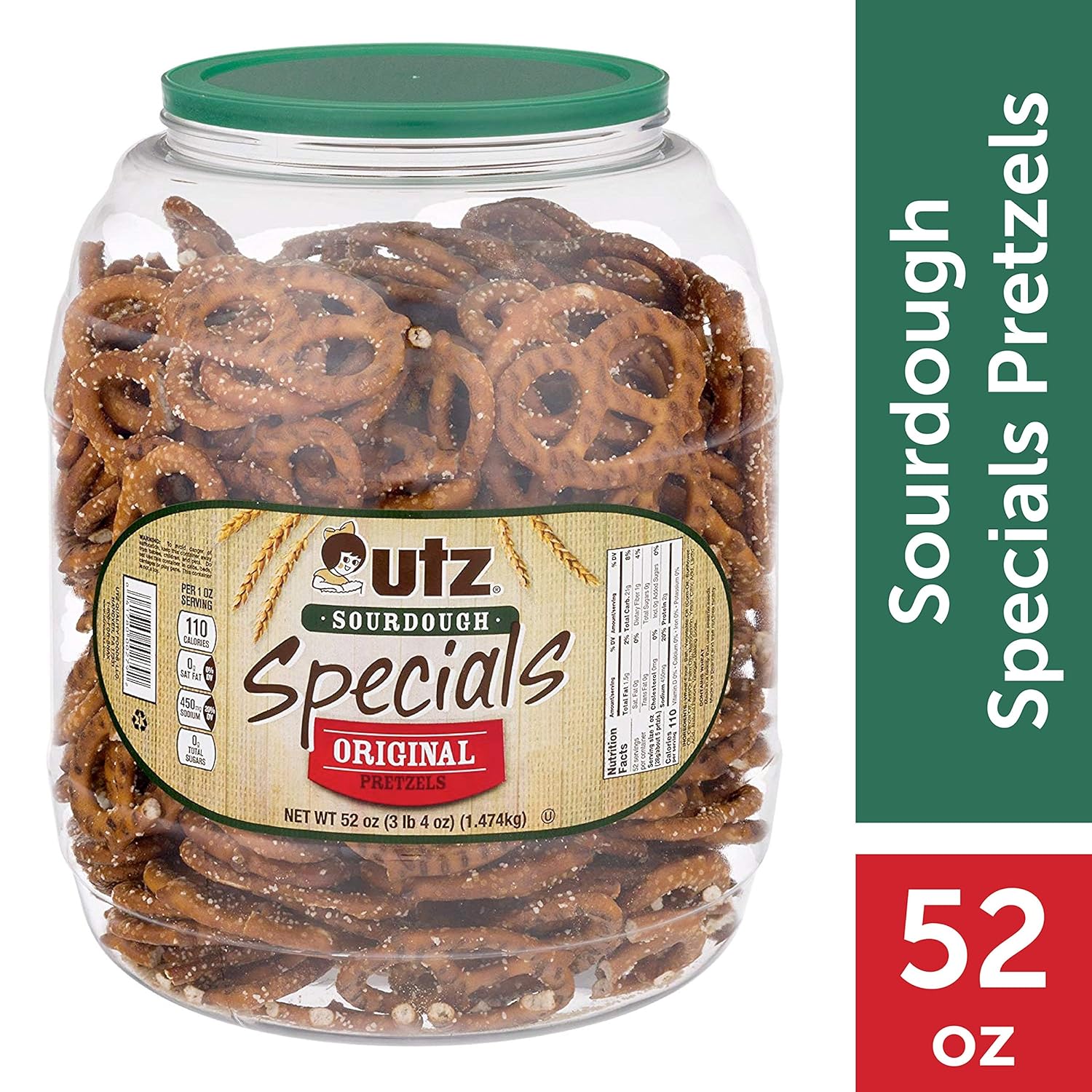 Utz Sourdough Specials Pretzels ? Classic Sourdough Pretzel Knot Twist, Perfectly Salted Crunchy Sourdough Pretzel with Zero Cholesterol per Serving, 52 oz. Barrel