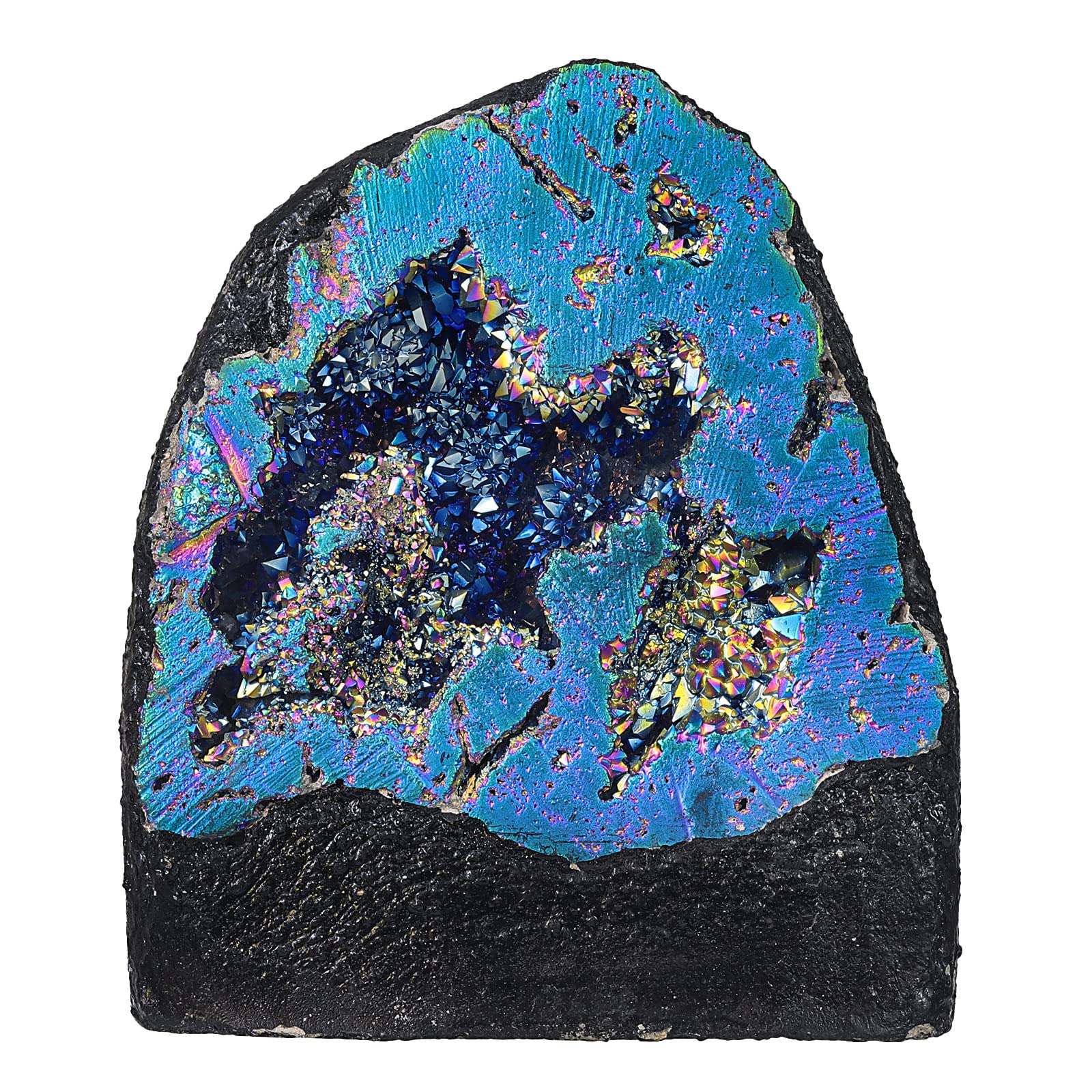 mookaitedecor Rainbow Aura Quartz Crystal Geode Ornament for Home Party Decor Titanium Coated Quartz Crystal Stone Specimen Irregular Rainbow Crystal Gift Rocks and Minerals Colourful Room Decor