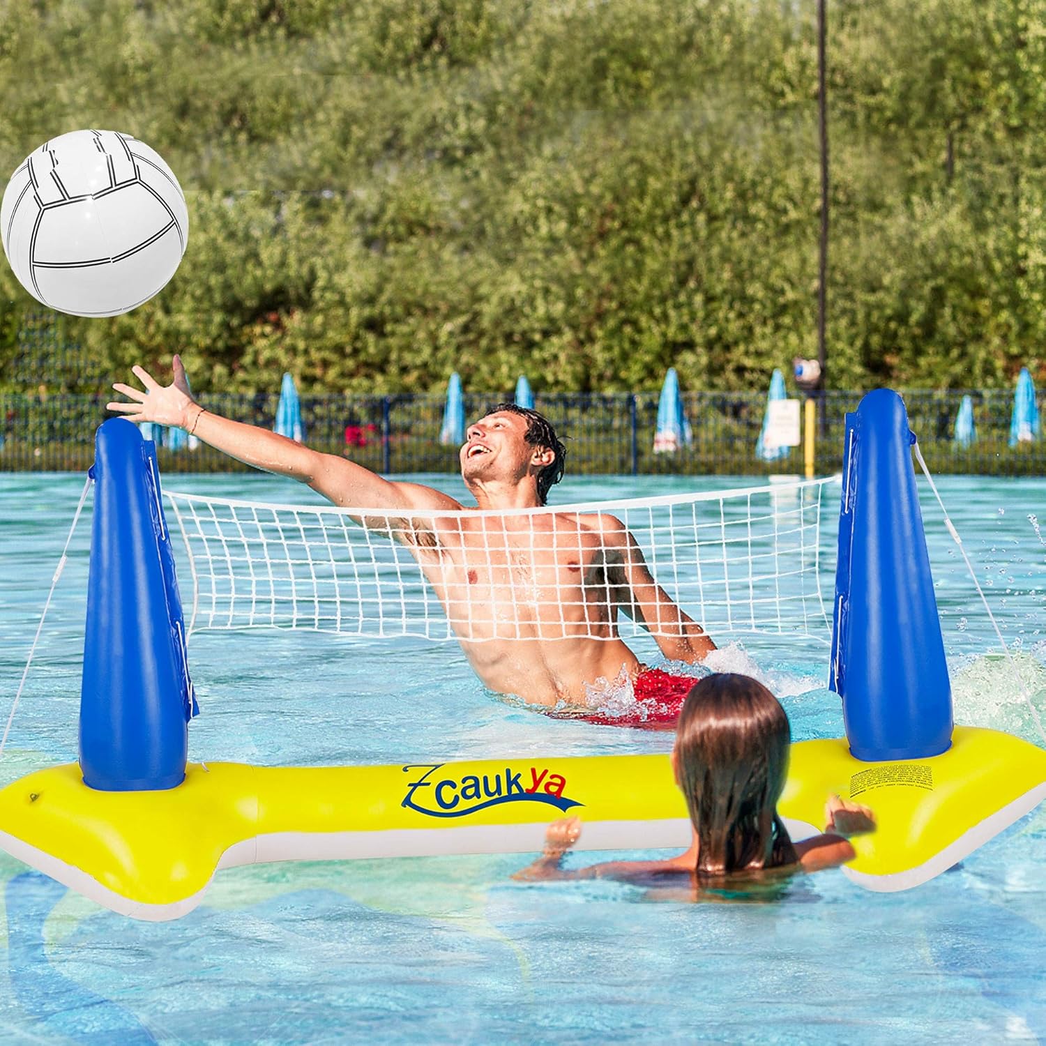Zcaukya Inflatable Pool Float Set, Inflatable Volleyball Net & Basketball Hoop with Balls, Inflatable Pool Floating Volleyball Basketball Set Swimming Pool Games for Kids Adults: Toys & Games