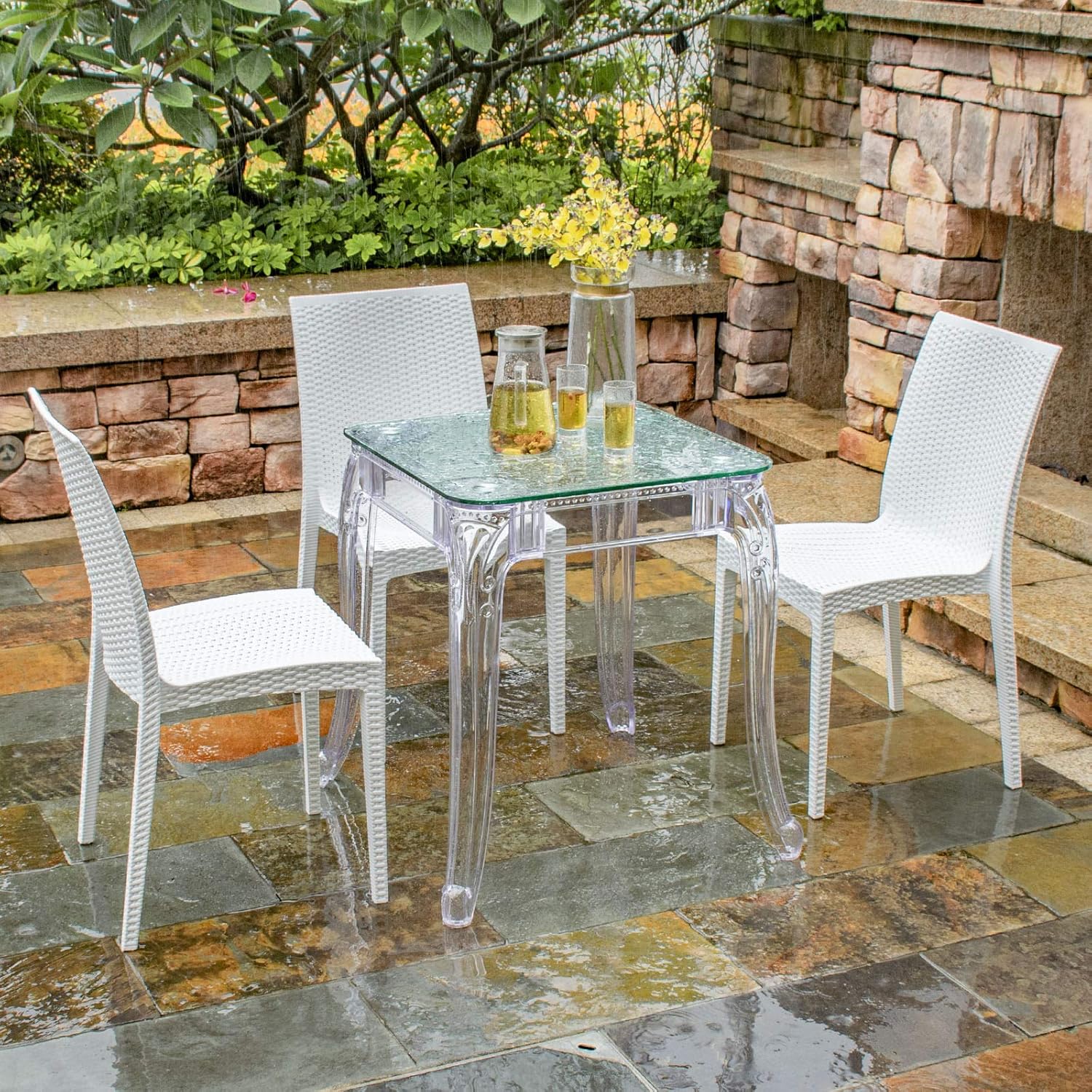 Rimdoc Rattan Patio Dining Chairs Set of 3, White Modern Rattan Kitchen