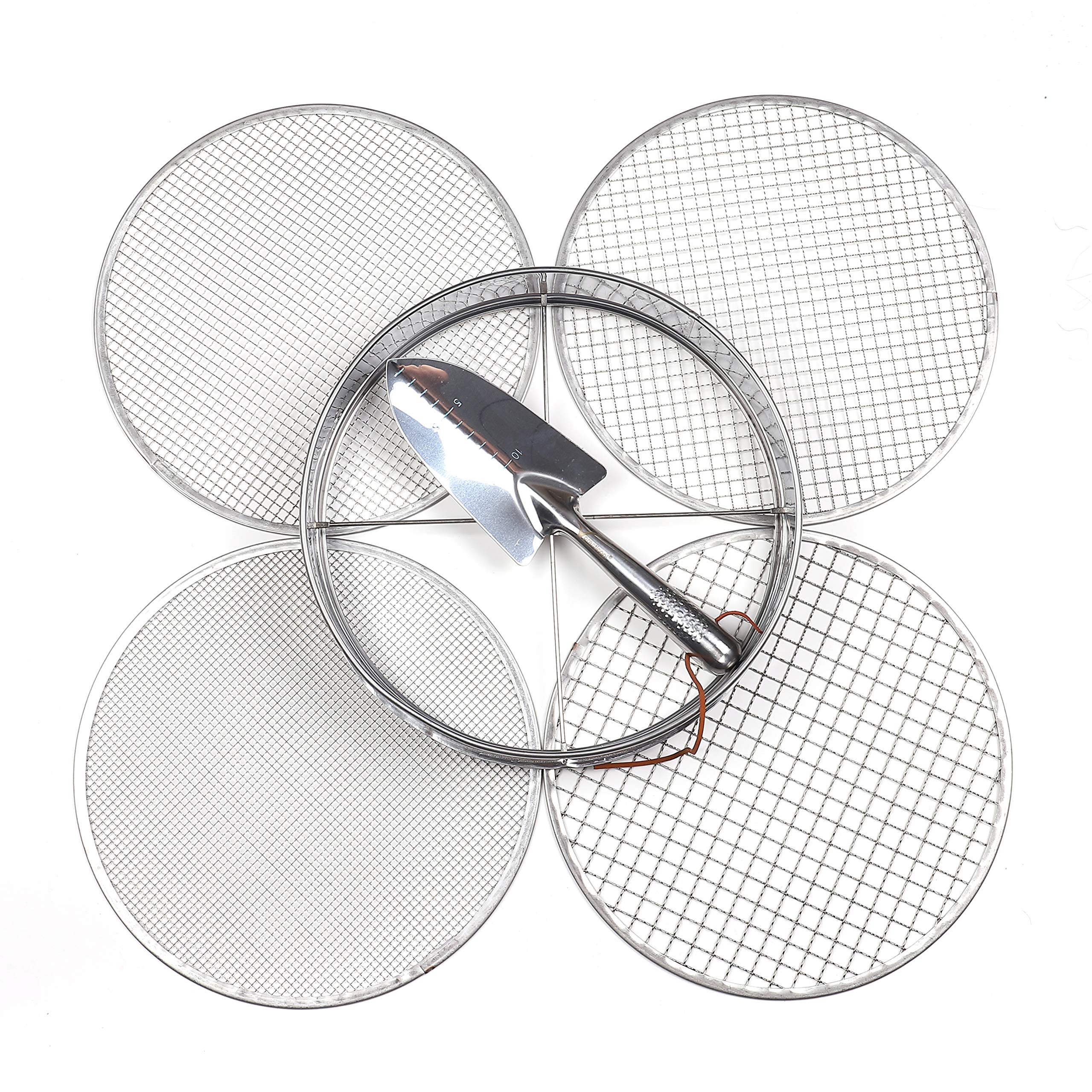 Practicool garden potting mix sieve - stainless steel riddle - soil sifting pan - with 4 interchangeable filter mesh sizes - 3,6,9,12 mm and bonus spade