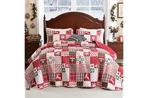 FROZZUR Christmas Quilt Set King Size - Plaid Patchwork Bedding with Reindeer and Snowflake Design, Winter Bedspread Coverlet - Lightweight Soft Christmas Comforter for Gift & Holiday Home Decor