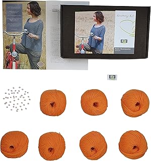 DesignEtte Strickset DIY Sommerpulli Butte Montmartre Strickset mit 10 Knäulen reiner Merino Wolle, incl. Perlen + Anleitung für 7 Dänische Strick und 2 Häkel Designs. Größe L/XL Orange.