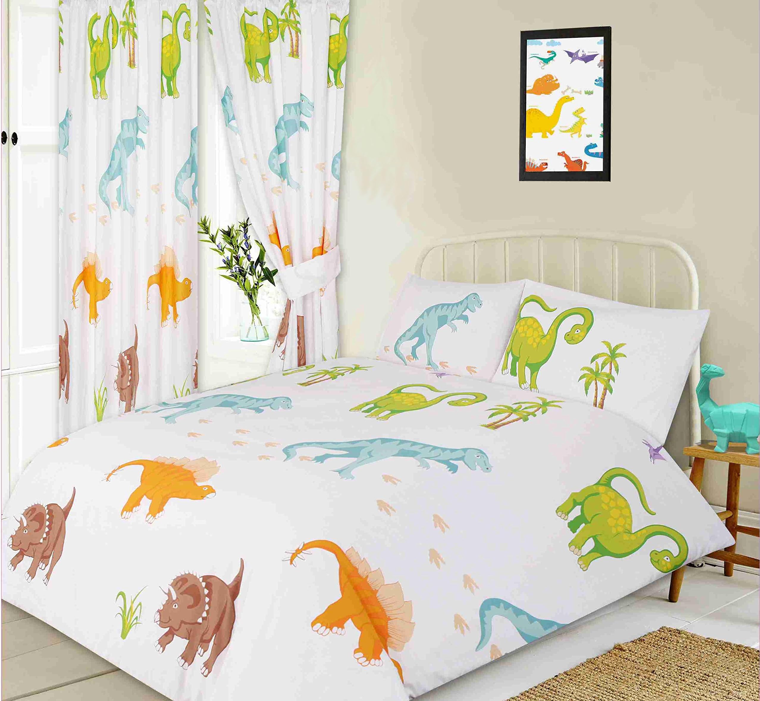 King Size Bed Dinosaurs, Duvet / Quilt Cover Set BY KIDZ KOLLECTIONZ, Novelty Kids Dino T-Rex Stegosaurus Triceratops Brontosaurus Pterodactyl, White Orange Green Blue Brown