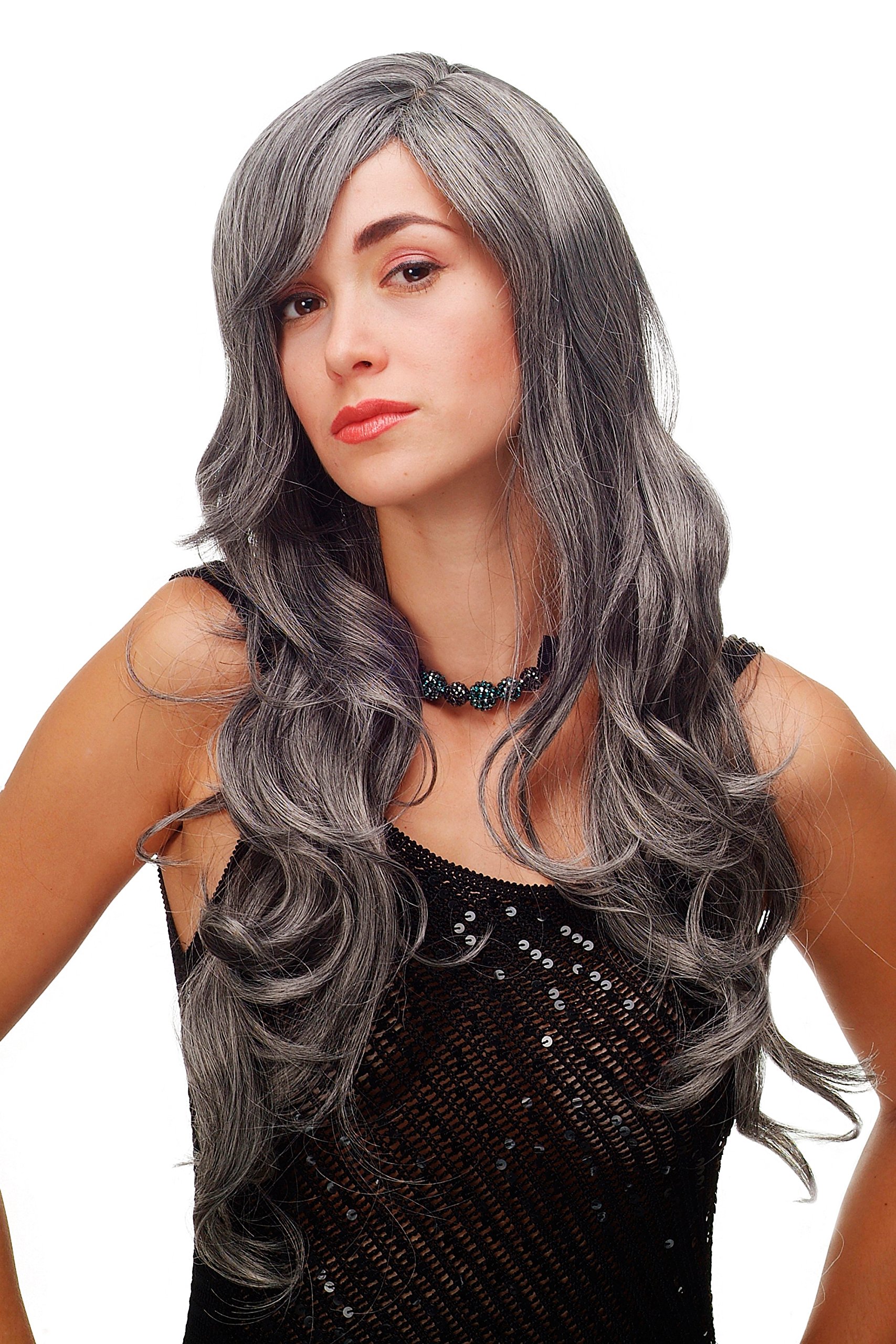 WIG ME UP 9204S-44 Stunning Lady Quality Wig very long wavy long fringe (for side parting) dark grey gray 27,5 inch