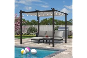 PURPLE LEAF 10' x 10' Outdoor Retractable Pergola with Double Sun Shade Canopy Patio Aluminum Pergola Metal Shelter with String Lights for Backyard Deck Garden, White