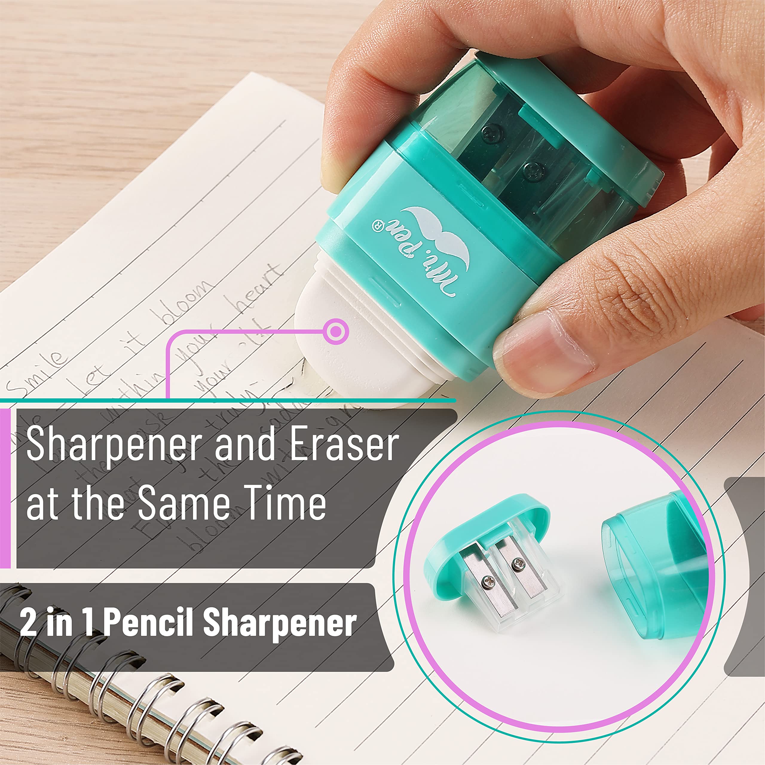 Mr. Pen- Pencil Sharpener & Eraser, 4 Pack, Colorful, 2 Sharpening Holes, Manual Handheld Small Pencil Sharpener