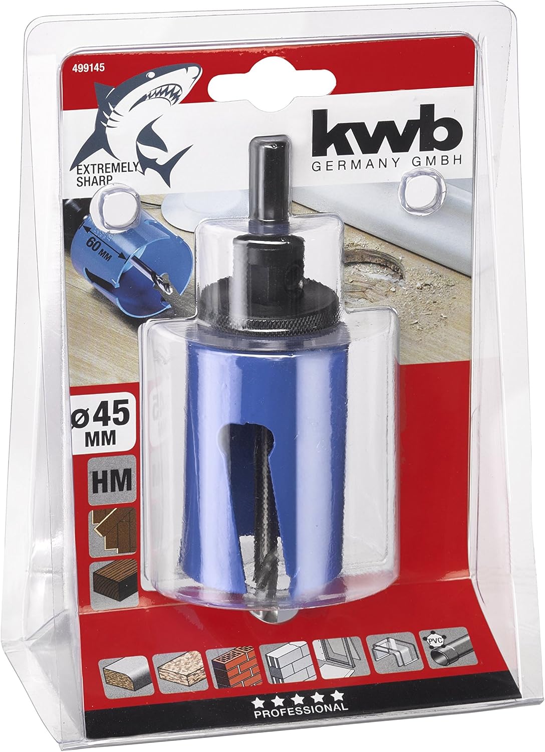 kwb Universal Hole Saw - 45 mm Diameter Size, Extra Sharp Carbide Teeth, 8 mm Center Drill, Blue, Black, Silver, 45mm - Image 5