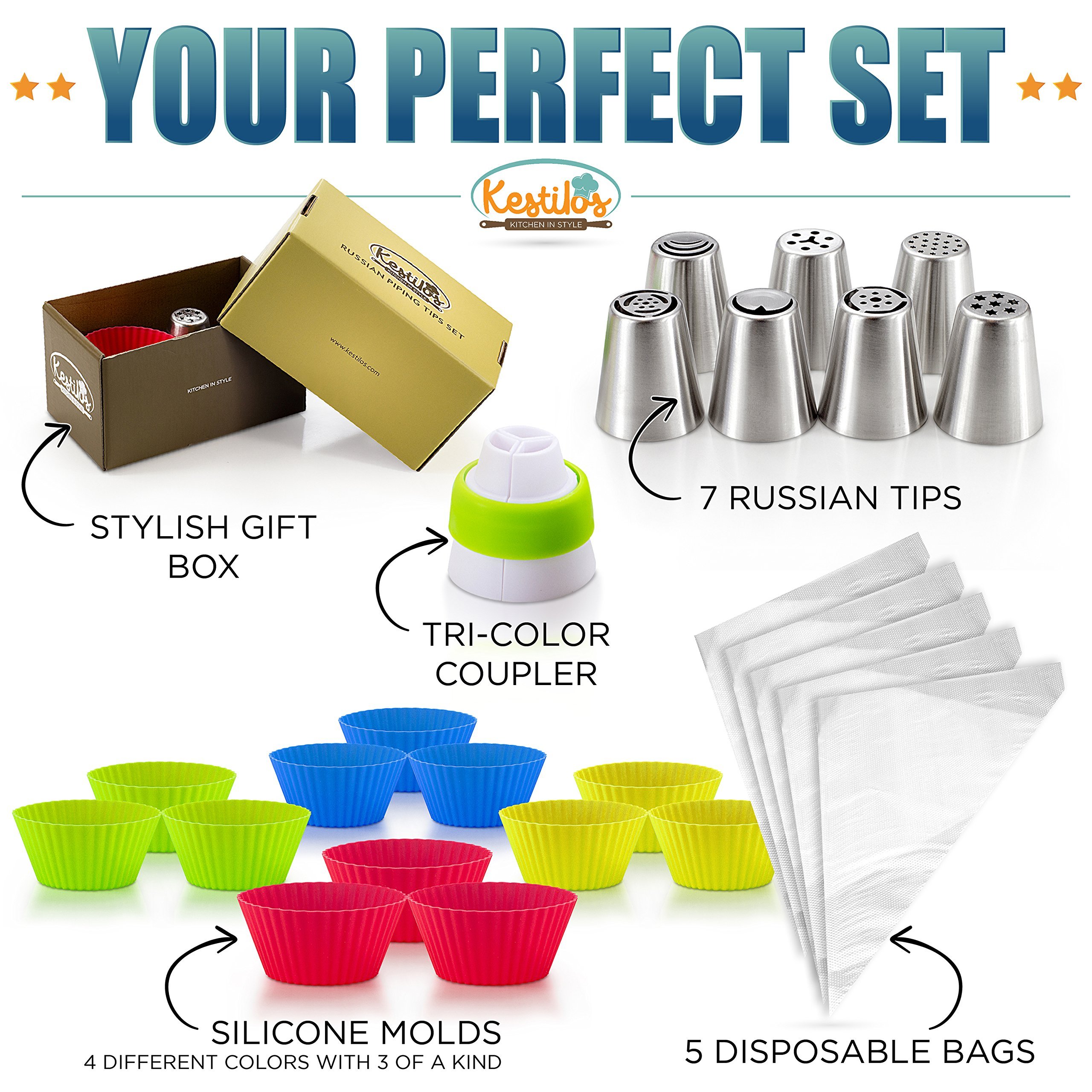 Russian Piping Tips Set By Kestilos – 7 Cake & Cupcake Decorating Icing Nozzles, A 3 Color Coupler, 5 Disposable Pastry Bags & 12 Silicon Cupcakes Molds