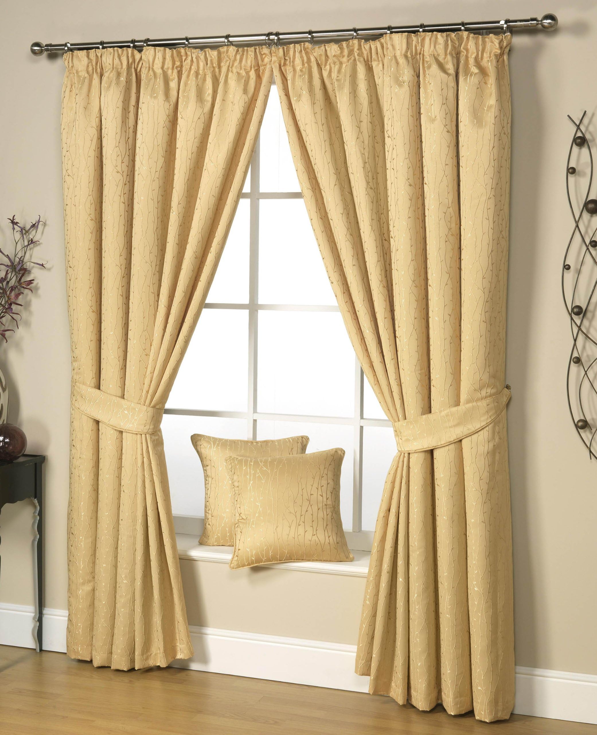 Ravalli Gold 90"(228cm) Wide x 90"(228cm) Drop 3" Tape Top Curtains with Jaquard Twigs Design. Sold in Pairs.