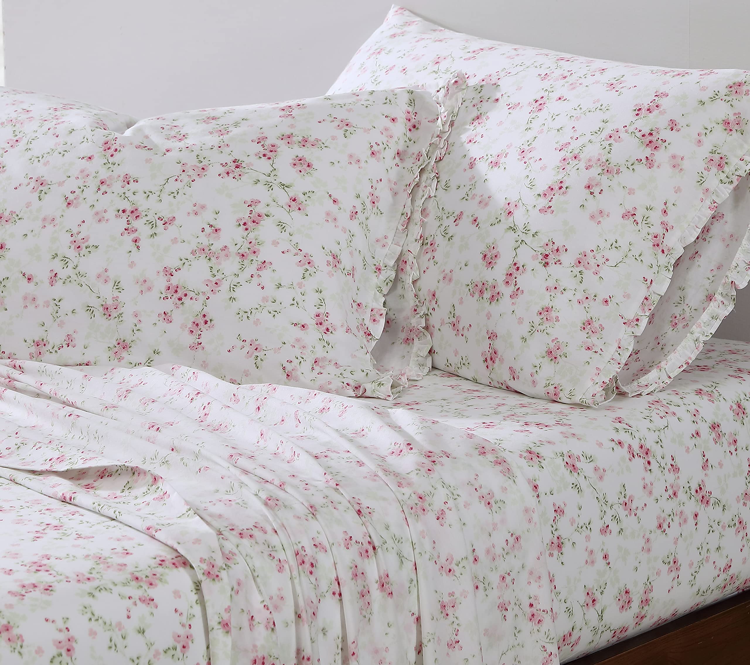 Shabby Chic® - King Sheets, Soft & Breathable Organic Cotton Bedding Set, Floral Home Decor with Ruffled Pillowcases (Ella Pink, King)