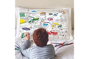 eatsleepdoodle 30x20in White Cotton Pillowcase with 10 Pack Washable Markers for Kids - Cars & Trucks Coloring Activity