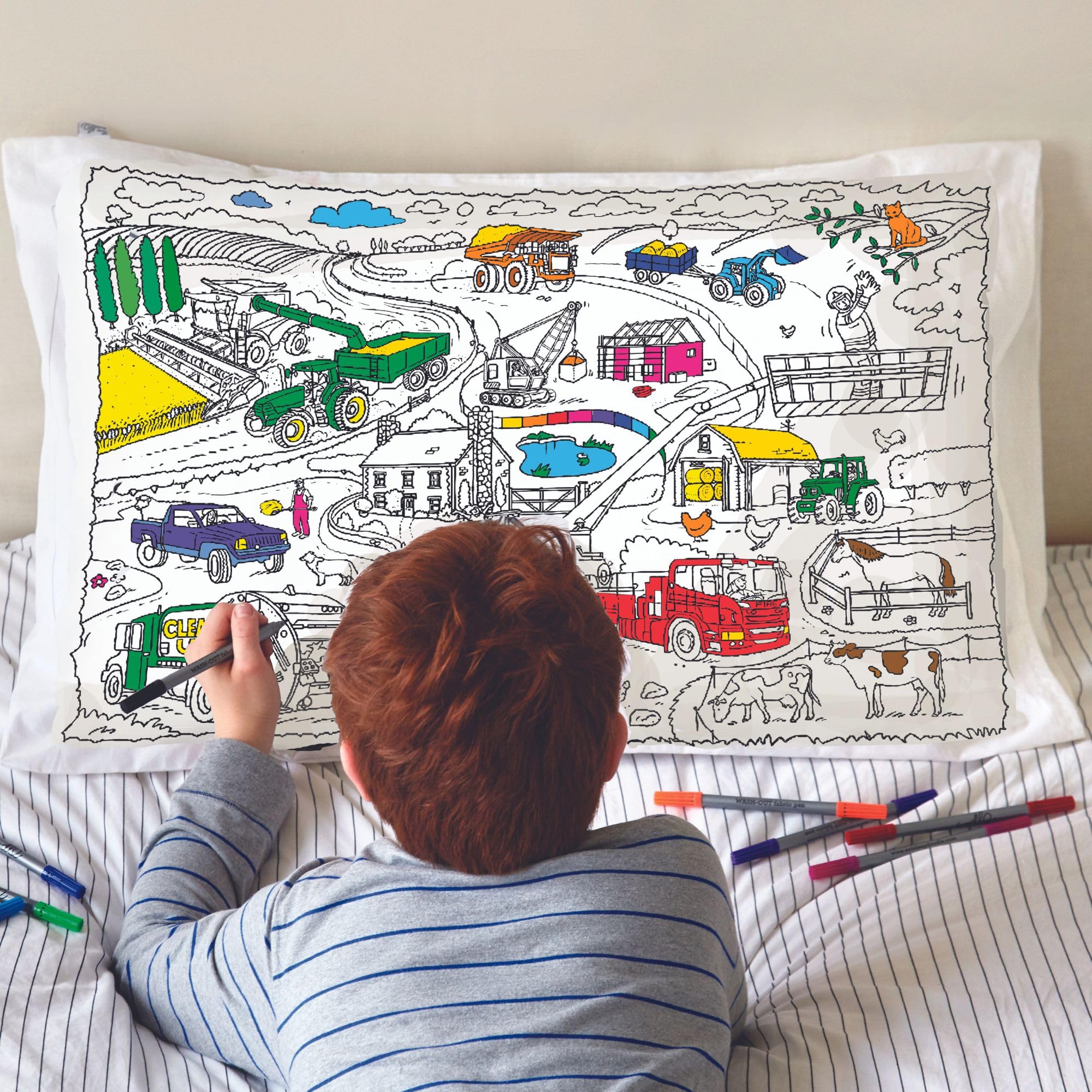 eatsleepdoodle Colouring Pillowcase For Kids w/ 10pk Washable Markers For Kids - 75x50cm Cars, Tucks & Tractors Kids Colouring Pillowcase - Ultra Washable & Reusable Arts and Crafts For Kids