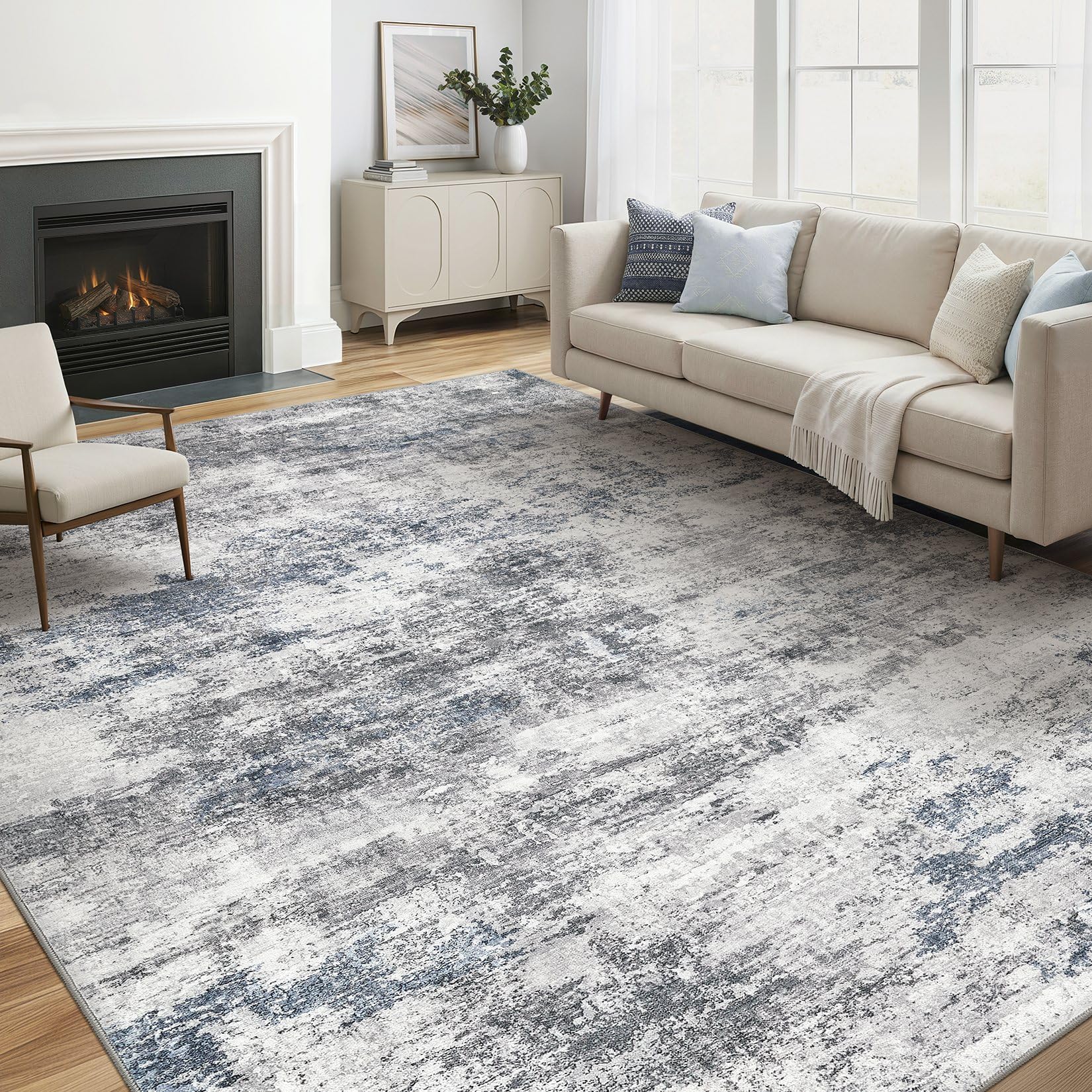 5x7 Area Rugs Living Room: Washable Large Abstract Neutral Modern Soft Rugs Stain Resistant Indoor Floor Non-Slip Accent Carpet for Bedroom Nursery Playroom Office Dining Room Home Decor- Blue Gray Image