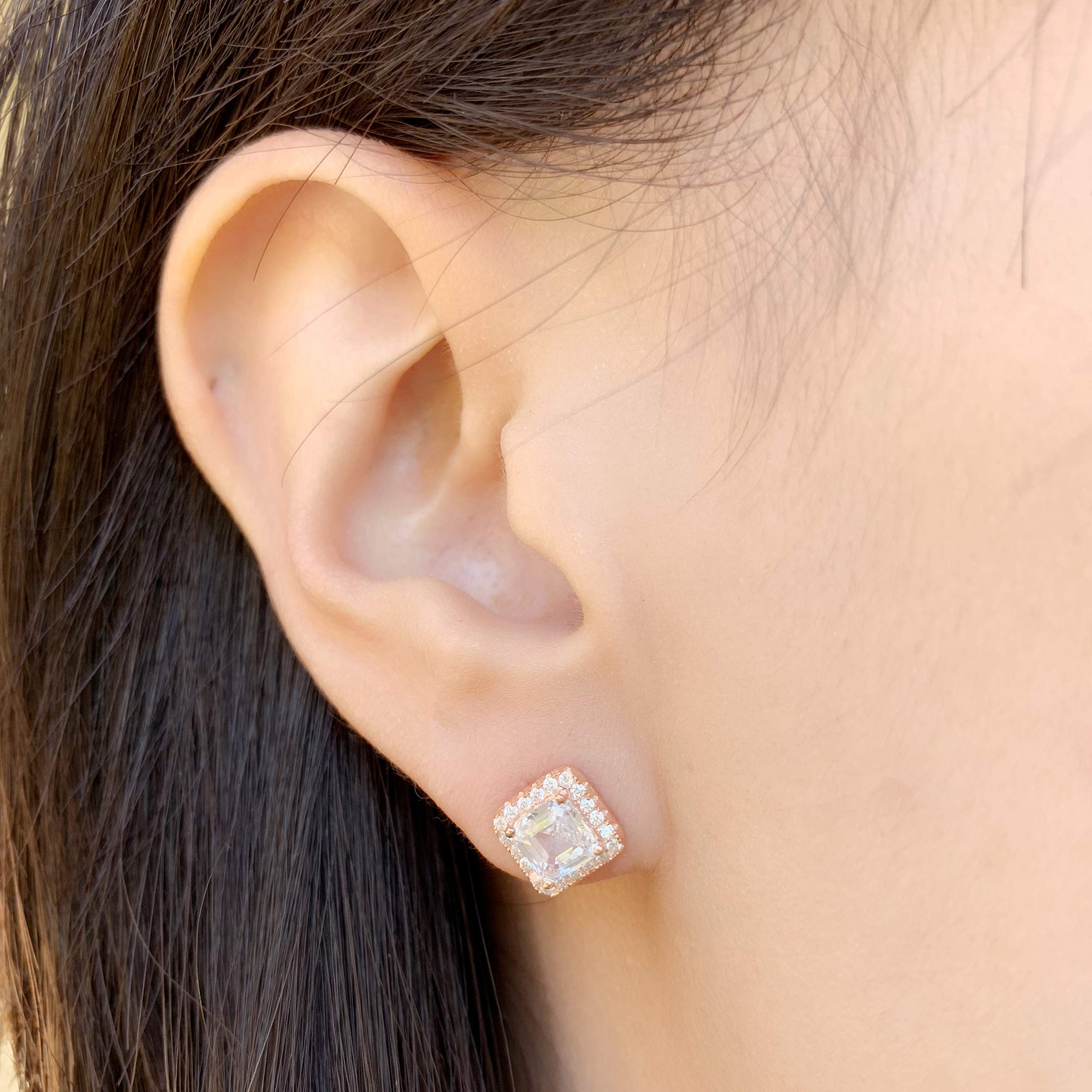 Spoil Cupid Rose Gold-Plated Sterling Silver Asscher Cut Cubic Zirconia Halo Stud Earrings