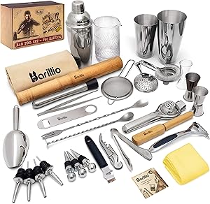 Cocktail Shaker Set Bartender Kit by BARILLIO: Complete Bar Tool Set | Stainless Steel Barware Essentials, Premium Mixology Gear
