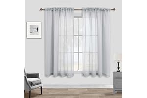 KOUFALL Gray Curtains 45 Inch Length for Kitchen 2 Panels Rod Pocket Neutral Elegant Light Filtering Airy Faux Linen Short Semi Sheer Curtains for Bedroom Bathroom Laundry Doorway Silver Grey 52x45 Long