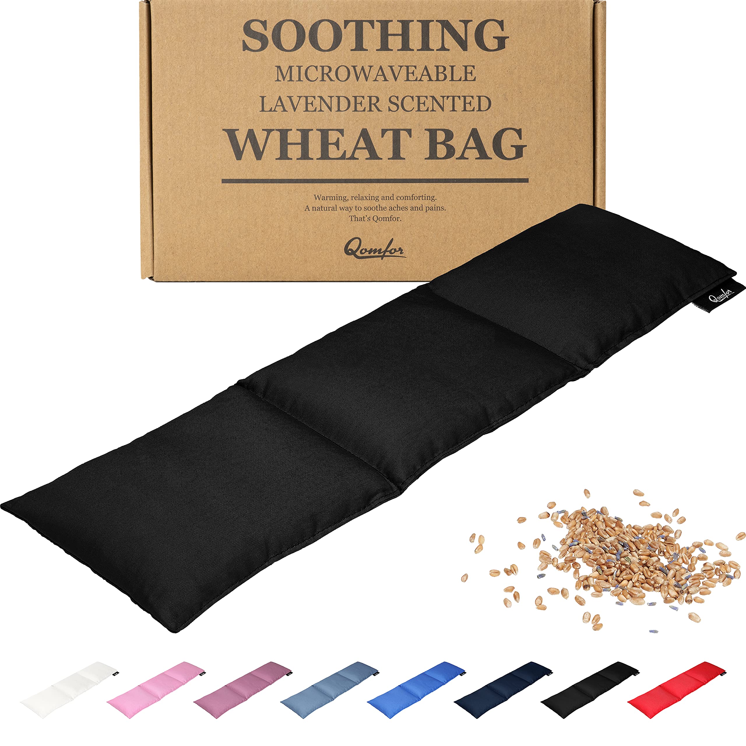 Qomfor Large Wheat Bag for Pain Relief - Microwavable Heat Pack with Lavender - Flexible Heat Pad for Back, Neck, Shoulder, Period Pain Relief - Soft & Soothing Heated Neck Warmer (Black)