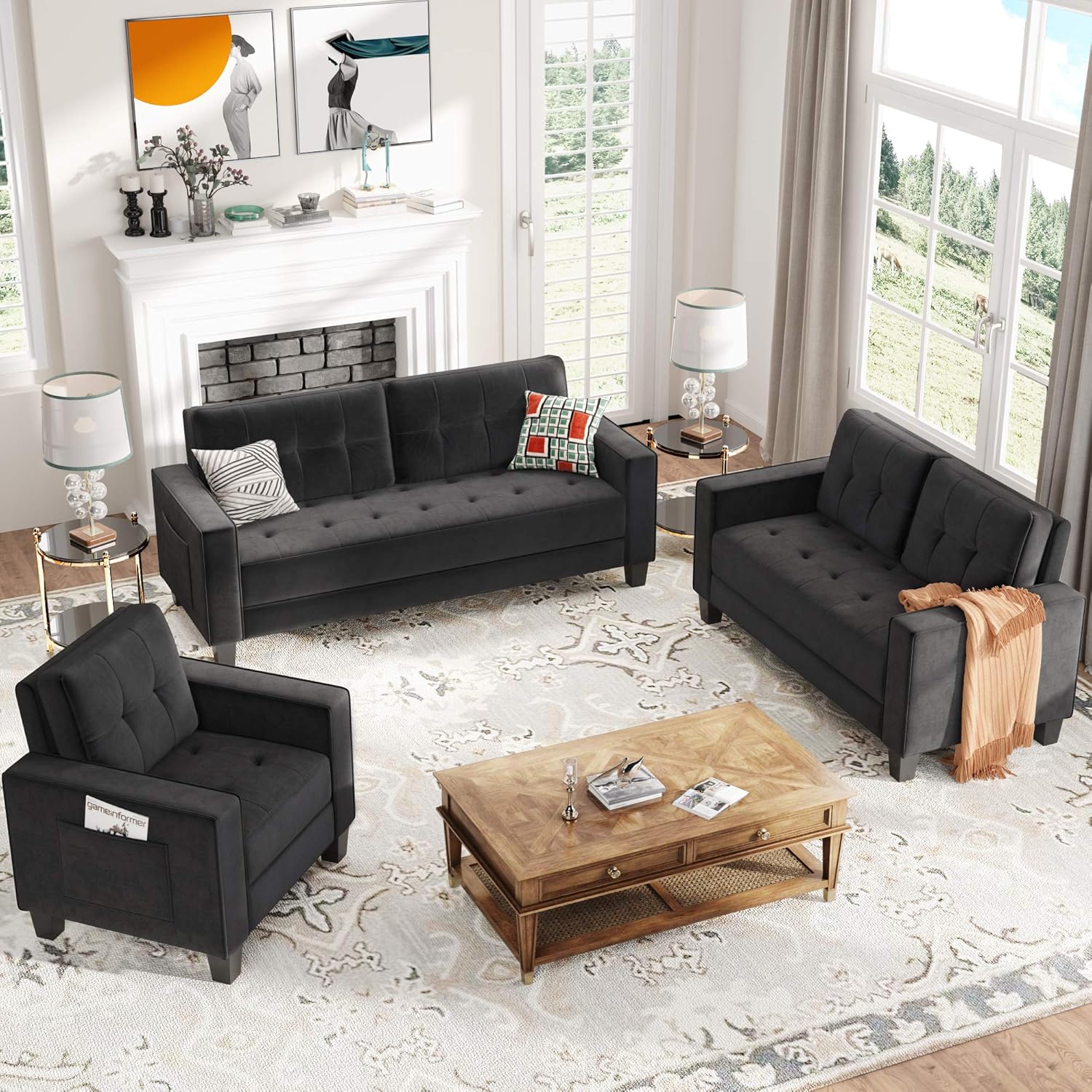 STARTOGOO Couch Piece, Living Room Loveseat Single Chair Sectional Sofa Set Grey (1+2+3-Seat), Black 2: Furniture & Decor