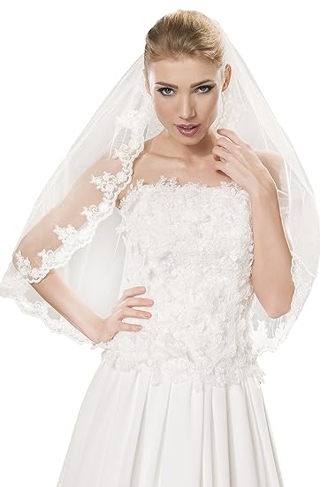 Braut-Schleier Hochzeit Schleier fur die Braut, handgeschmuckt mit Spitzenborte, Perlen, Breite 150cm, Lange 80cm