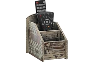 MyGift Rustic Torched Wood Remote Control Holder for Table with 3 Compartments, Living Room TV Media Organizer