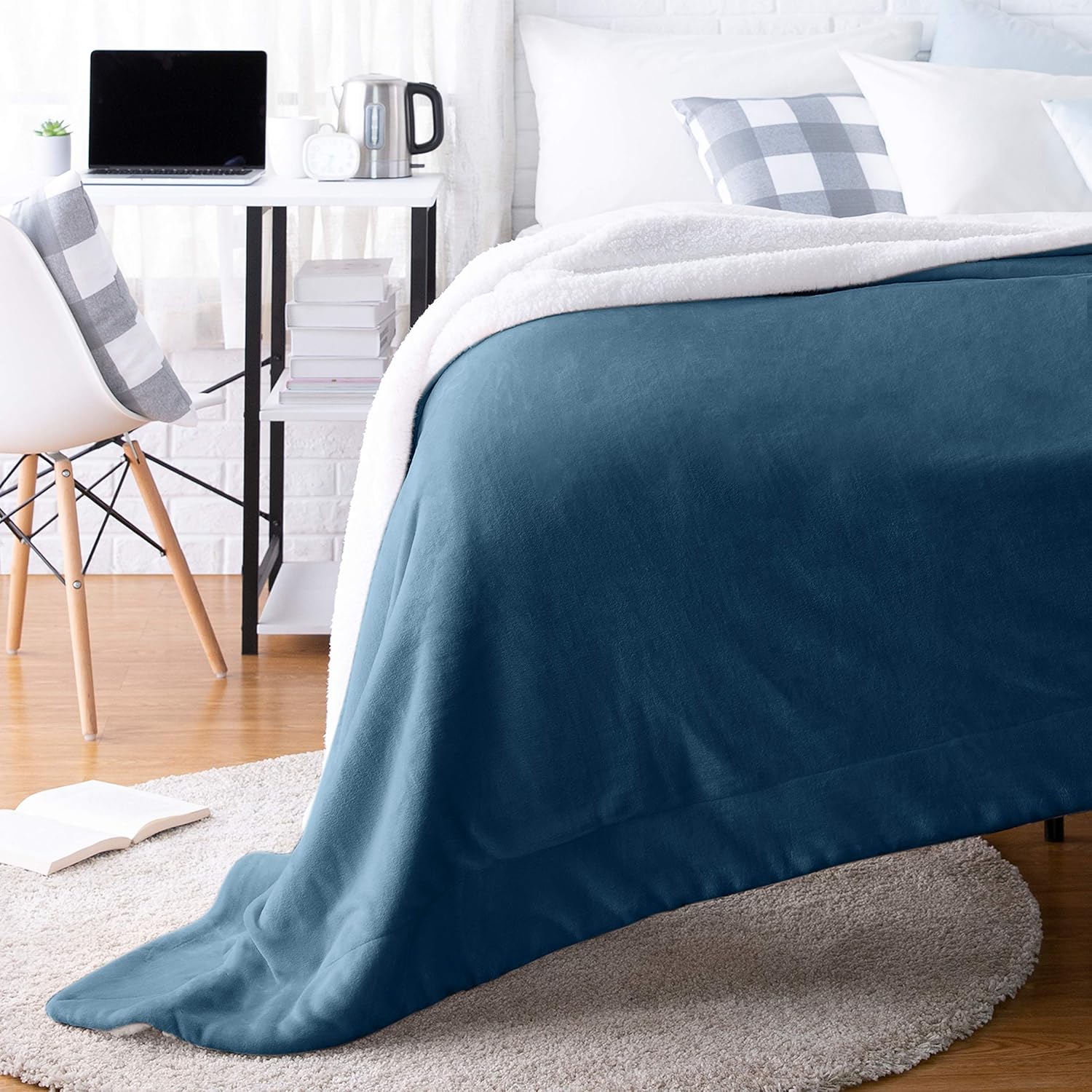 Basics Ultra-Soft Micromink Sherpa College Dorm Blanket - Throw, Mallard Blue: Home & Kitchen