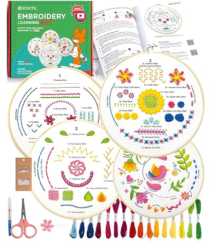 Kit Broderie Débutant 3 Motifs - Cercle Bambou, Fils Et Instructions Avec Tutoriels Vidéo