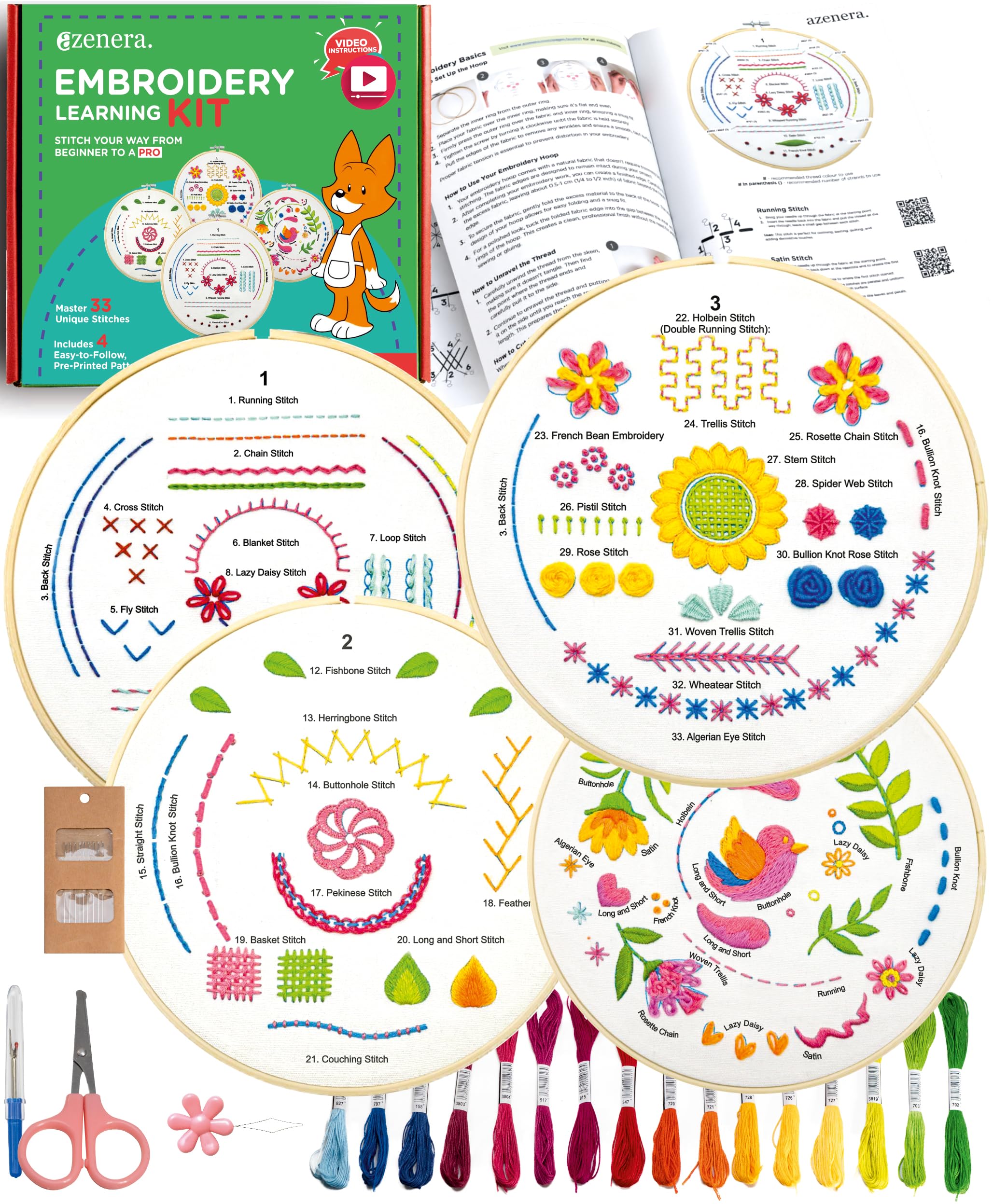 Azenera Beginner Embroidery Kit (4 Pack) for Adults, Learn 33 Stitches with Easy DIY Video Tutorials, Coloured Design Patterns, Cross Stitch Hoop, Gift (AZA100)