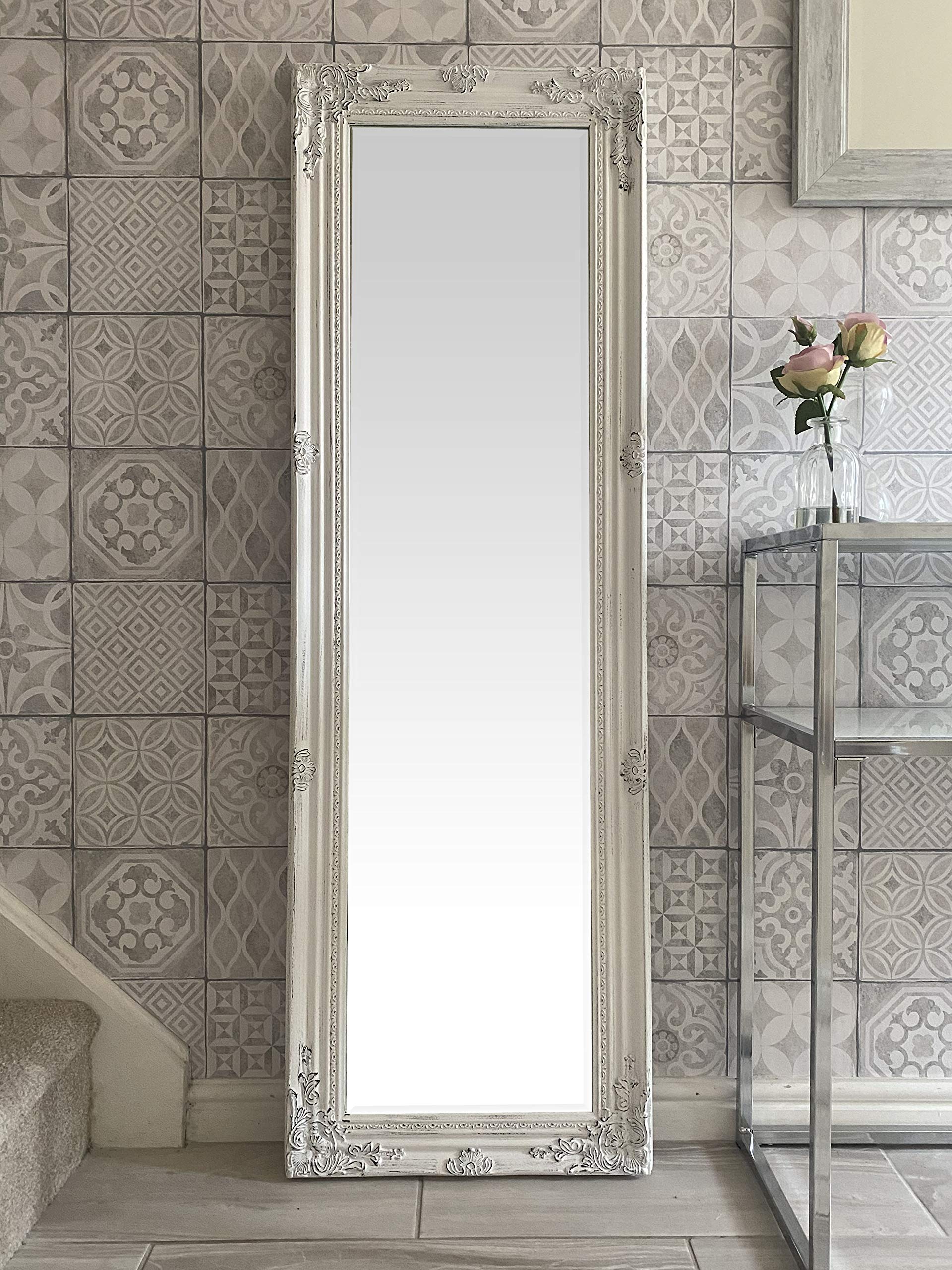 DOWNTON INTERIORS UK Tall Ornate AntIque White Dressing Wall Mirror with Bevelled Glass - Overall Size: 142cm x 47cm.