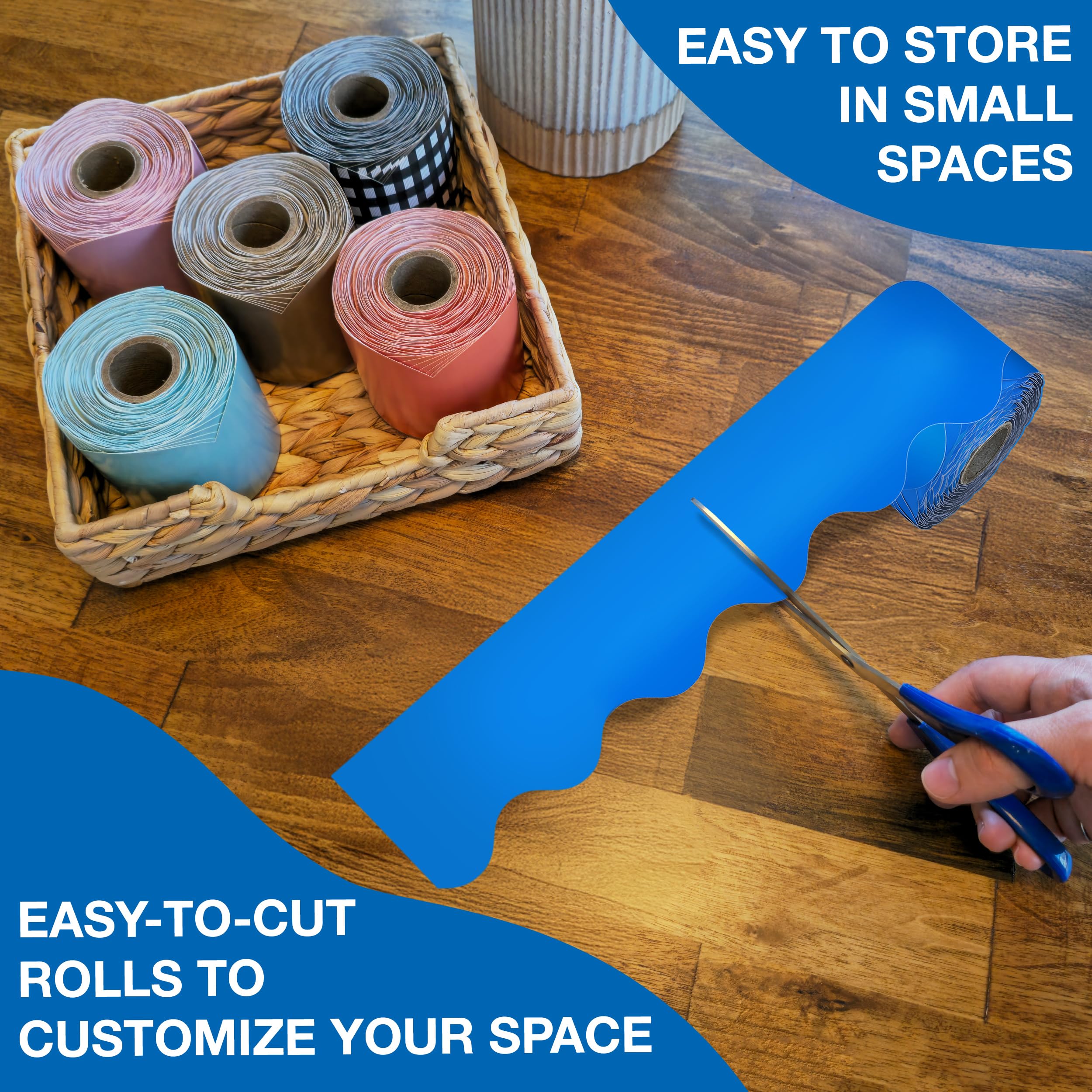 Carson Dellosa 65Ft of Blue Bulletin Board Borders, 1 Roll of Scalloped Trim for Rolling Whiteboard, Cork and Posterboard, Patriotic Decorations, Party, and Classroom Decor