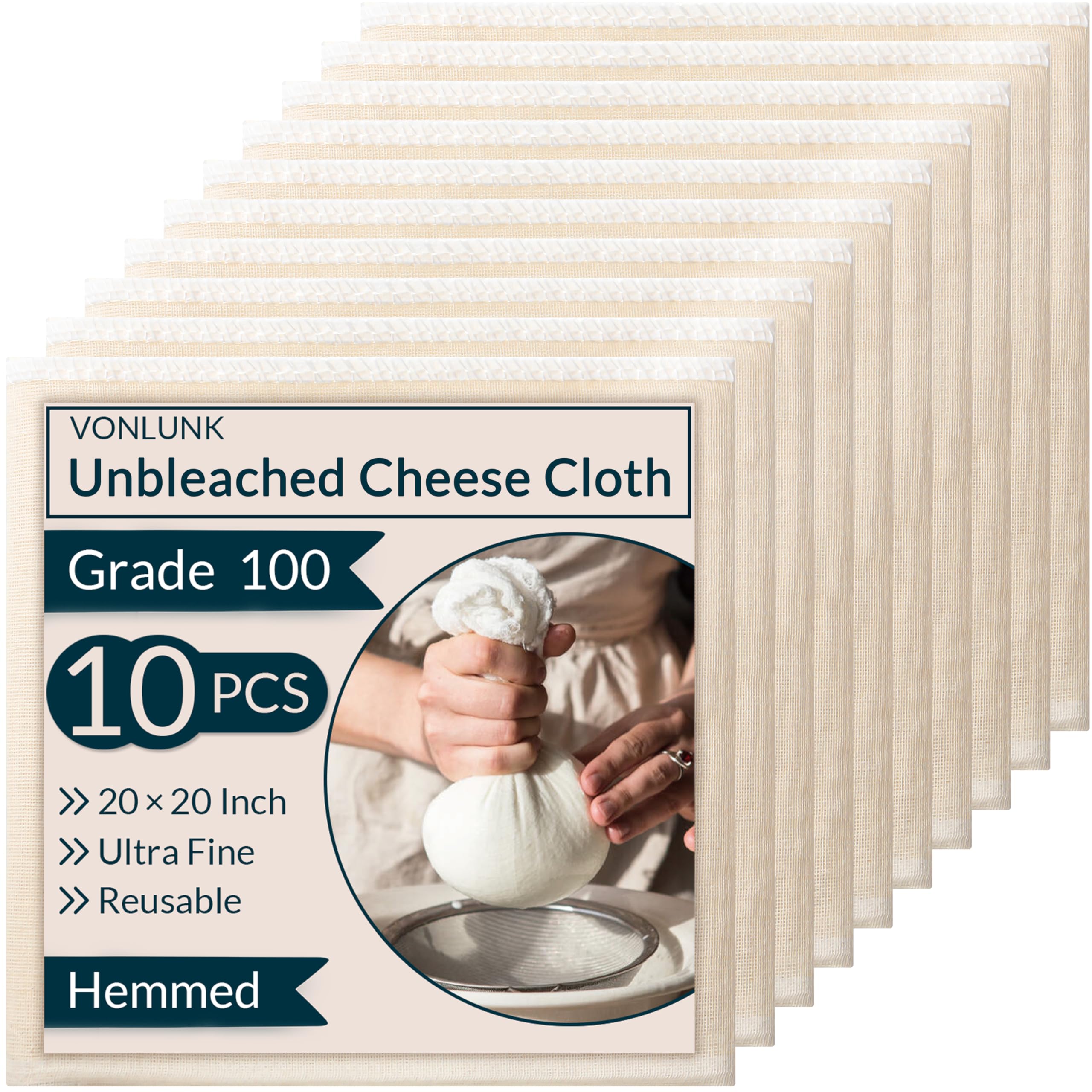 Photo 1 of 10-Pack Cheesecloth, 20x20 Inch Hemmed Cheese Cloth for Straining, Reusable Unbleached Cotton Strainer for Cooking, Baking, Juicing, and Cheese Making (Grade 100)