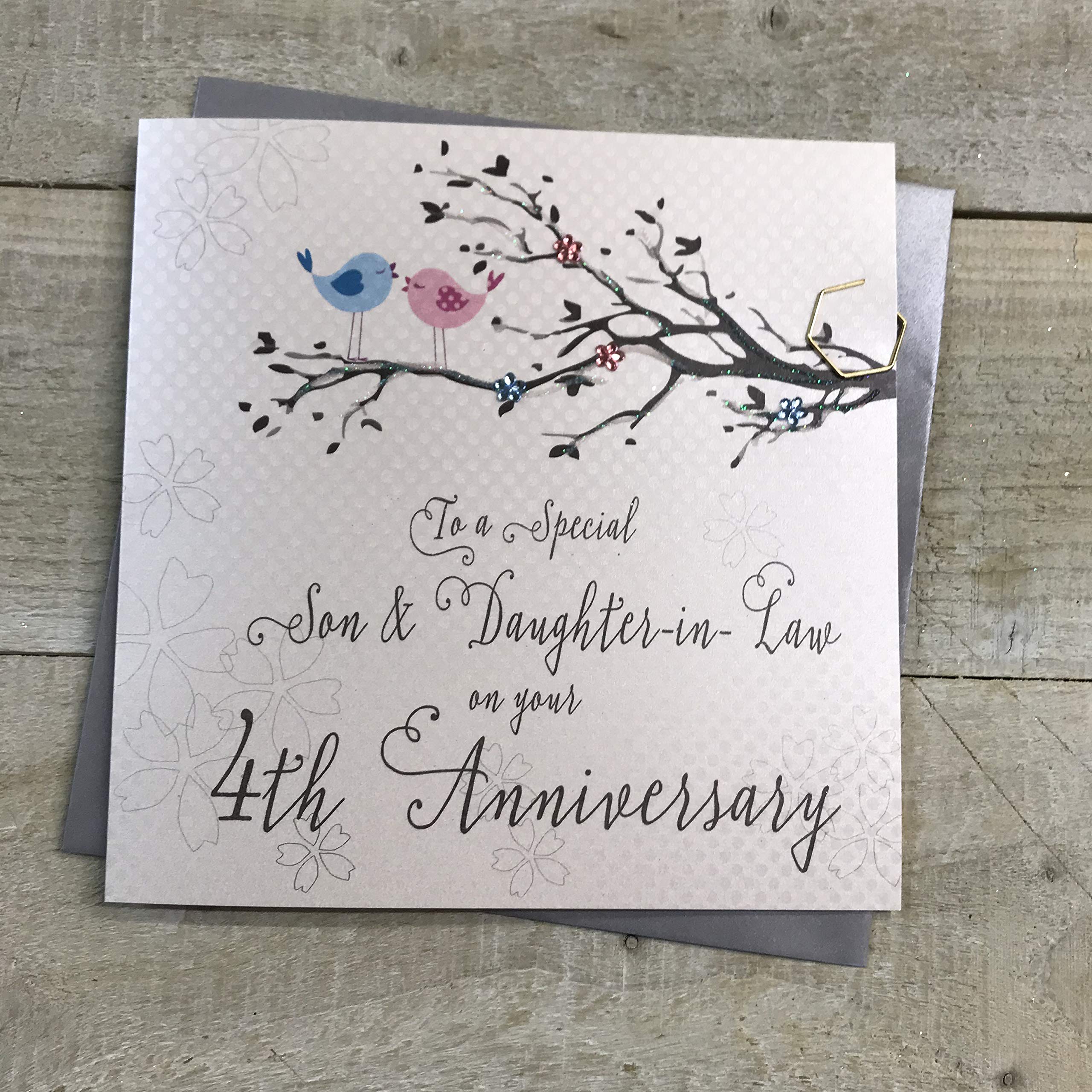 White Cotton Cards Son & Daughter-in-Law 4th Wedding Anniversary Card Forth Fruit Birds and Tree branch PD192-4,16cm x 16cm