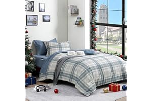 AMBERSPACE Twin XL Comforter Set, Blue Grey Plaid Bedding Set 5 Piece for Boys Girls Teen, Classic Homestead-Style Kids Comforter Set Bed in A Bag with Sheets, Pillowcase & Sham