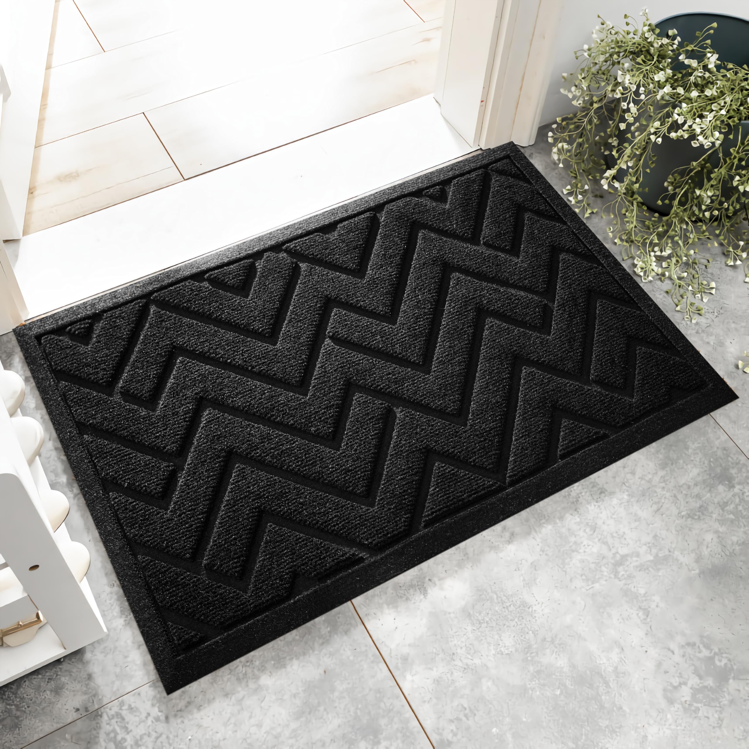 Photo 1 of VivaNest Black Geometry Outdoor Indoor Entrance Doormats, Absorbent Durable Heavy Duty Welcome Front Door Mat,Thick Natural Rubber Back,Easy Clean Entryway Mat 17x30 Inch, Low Profile