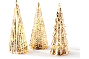 LAMPLUST Christmas Tree Decoration with Fairy Lights - Set of 3 Assorted Trees, 10 Inch Tall, Champagne Gold Mercury Finish, Batteries Included, Holiday Table Centerpiece or Mantle Decor