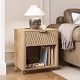 Cooday Fluted Nightstand, 22" Boho Modern Bedside Table with Drawers, Wide Nightstand with Charging Station for Bedroom, Natural Oak