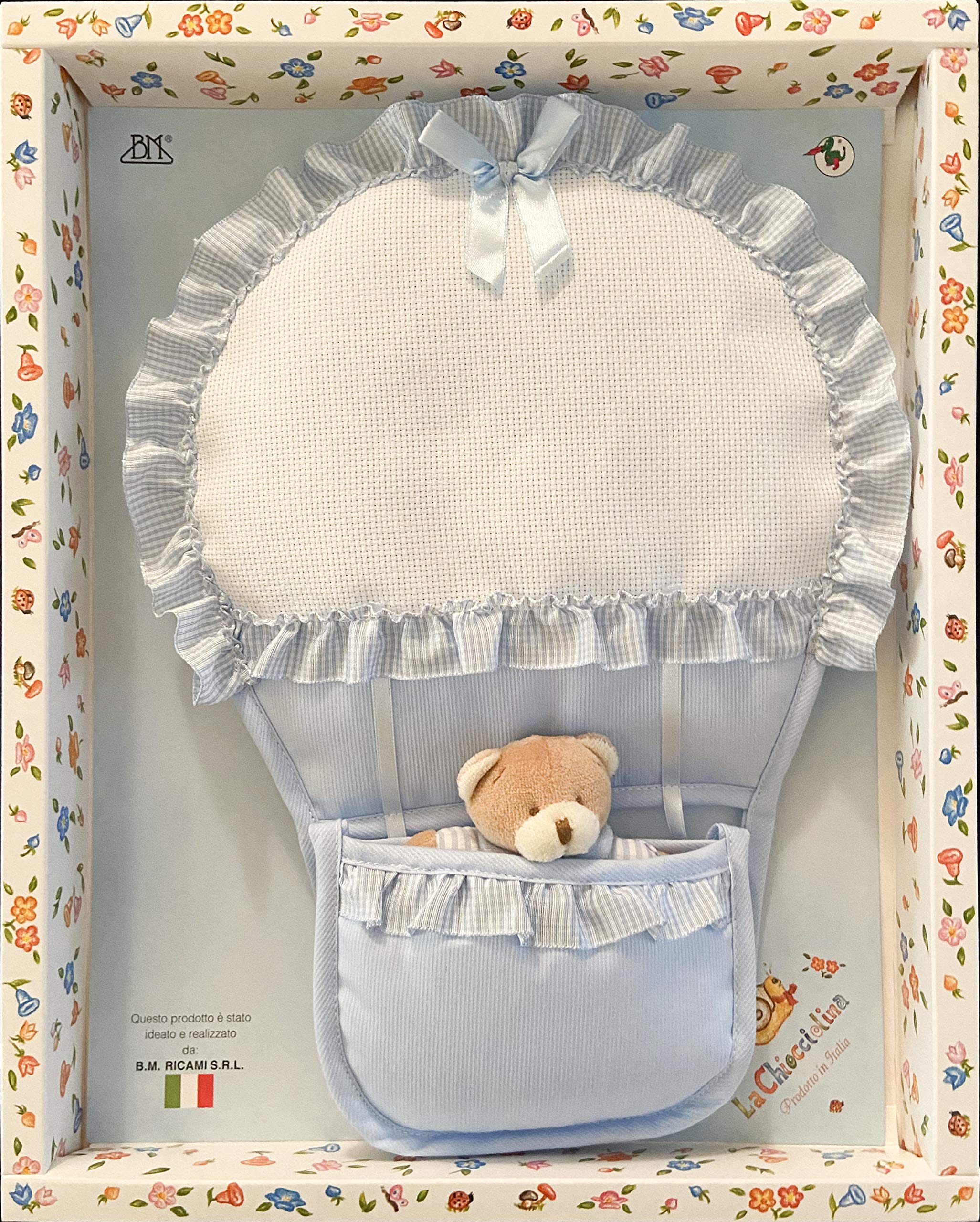 Coccarda Bow Birth Blue - Hot Air Balloon with Teddy Bear and Aida Embroidery in Gift Box
