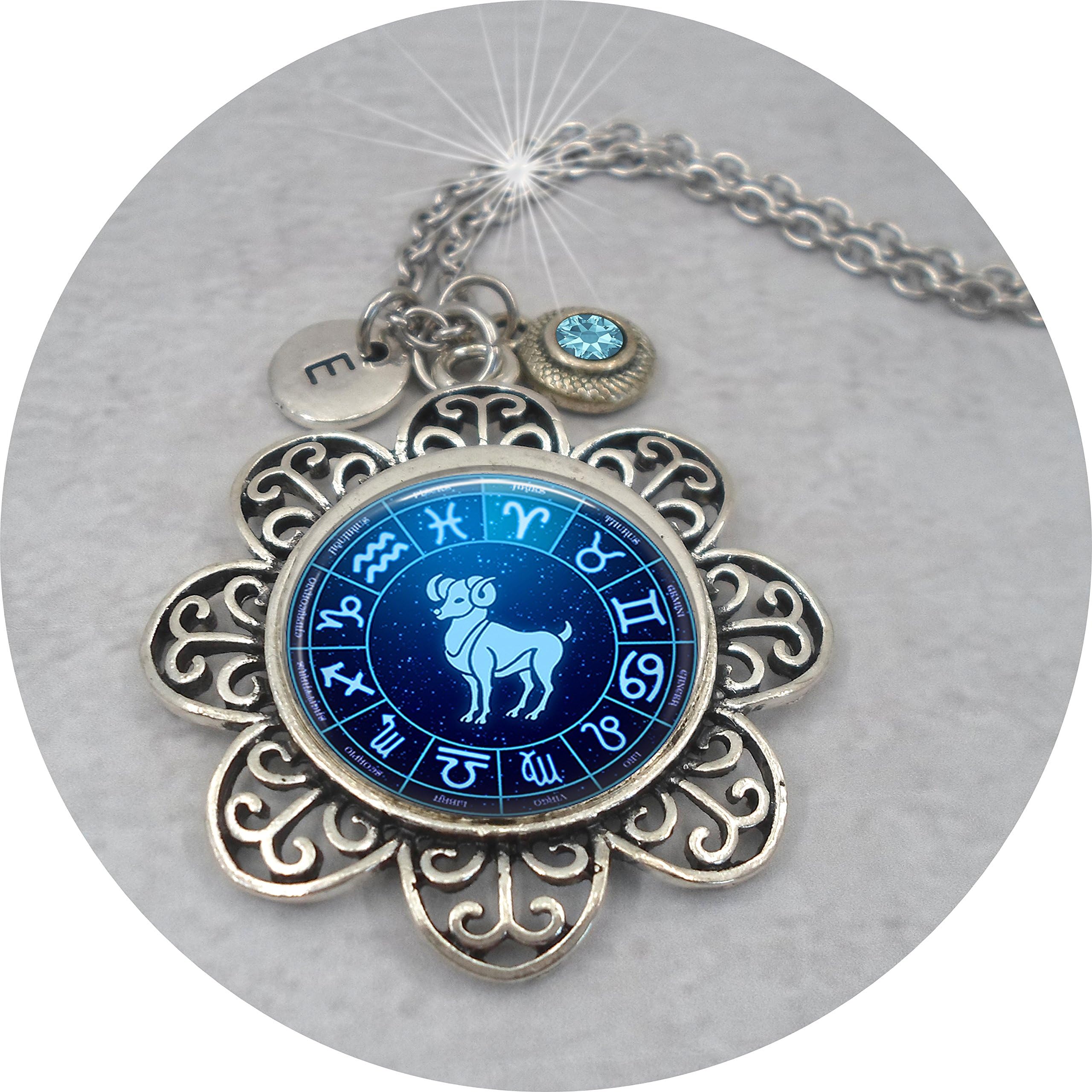 Aries Zodiac Necklace w-March Aquamarine Swarovski Birthstone Crystal & Letter Charm, March Birthday