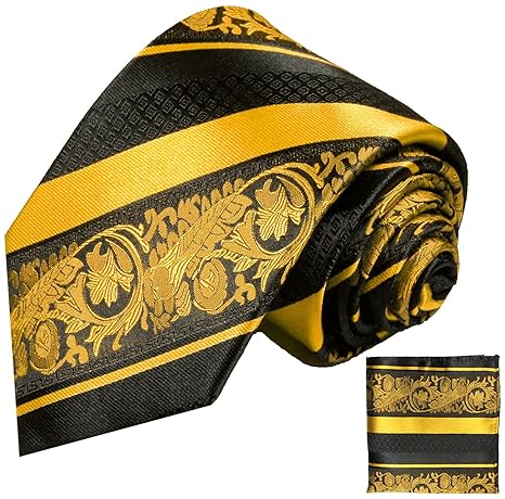 Paul Malone Gold schwarz gestreiftes Krawatten Set 100% Seidenkrawatte +Seiden-Einstecktuch