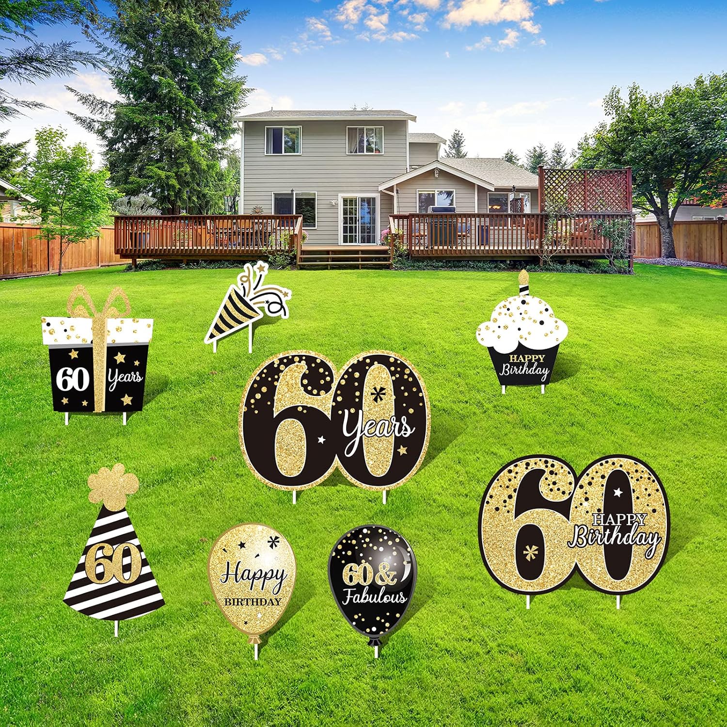 Yard Signs - Happy 60th Birthday Party Yard Sign Set of 8 Black Gold 60 Birthday Yard Signs with Stakes and Outdoor Lawn Decorations