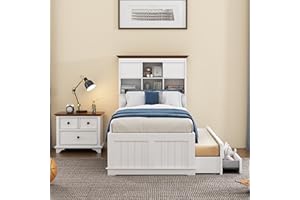 Merax 2 Pieces Modern Rustic Wood Bedroom Furniture Set - Full Size Captain Bed Frame with Trundle, Night Stand with Drawers, Easy Assemble White+Walnut