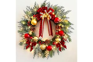 TOKCARE Christmas Wreath with Lights 20Inch Pre-Lit Christmas Door Wreath for Front Door with Red Plaid Bow and Ball Ornaments, Battery Operated Timer 40 LED Lights, Decoration for Fireplace Xmas