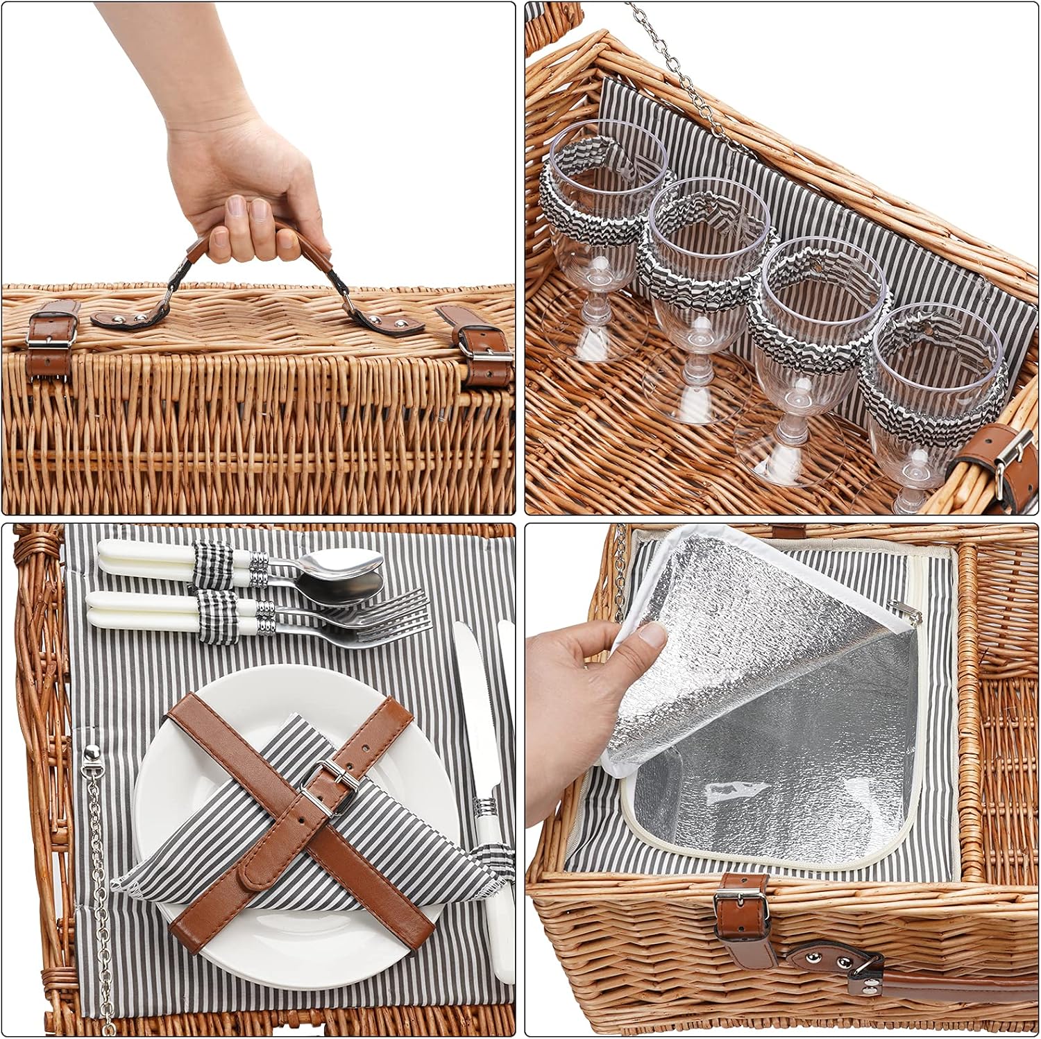 ZORMY 4 Person Picnic Basket, Large Willow Hamper Set with Insulated Compartment, Handmade Large Wicker Picnic Basket Set with Utensils Cutlery - Perfect for Picnicking, Camping : Garden & Outdoor